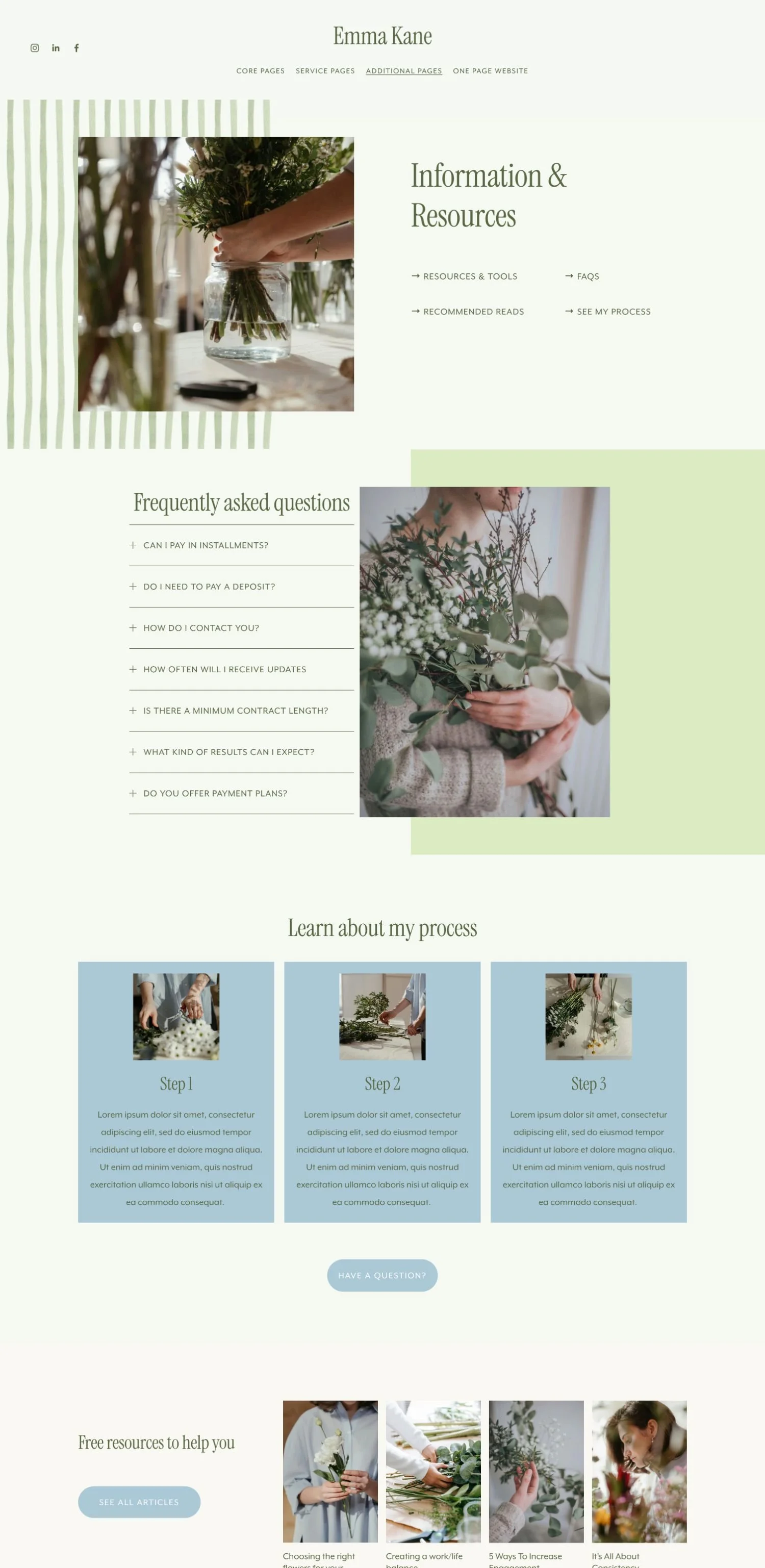 A webpage with a floral design for Emma Kane, featuring sections on information resources, FAQs, FAQs process, frequently asked questions, a three-step process for floral arranging, free resources, recommended tools, reading list, and contact options, including images of flowers and a person arranging flowers.
