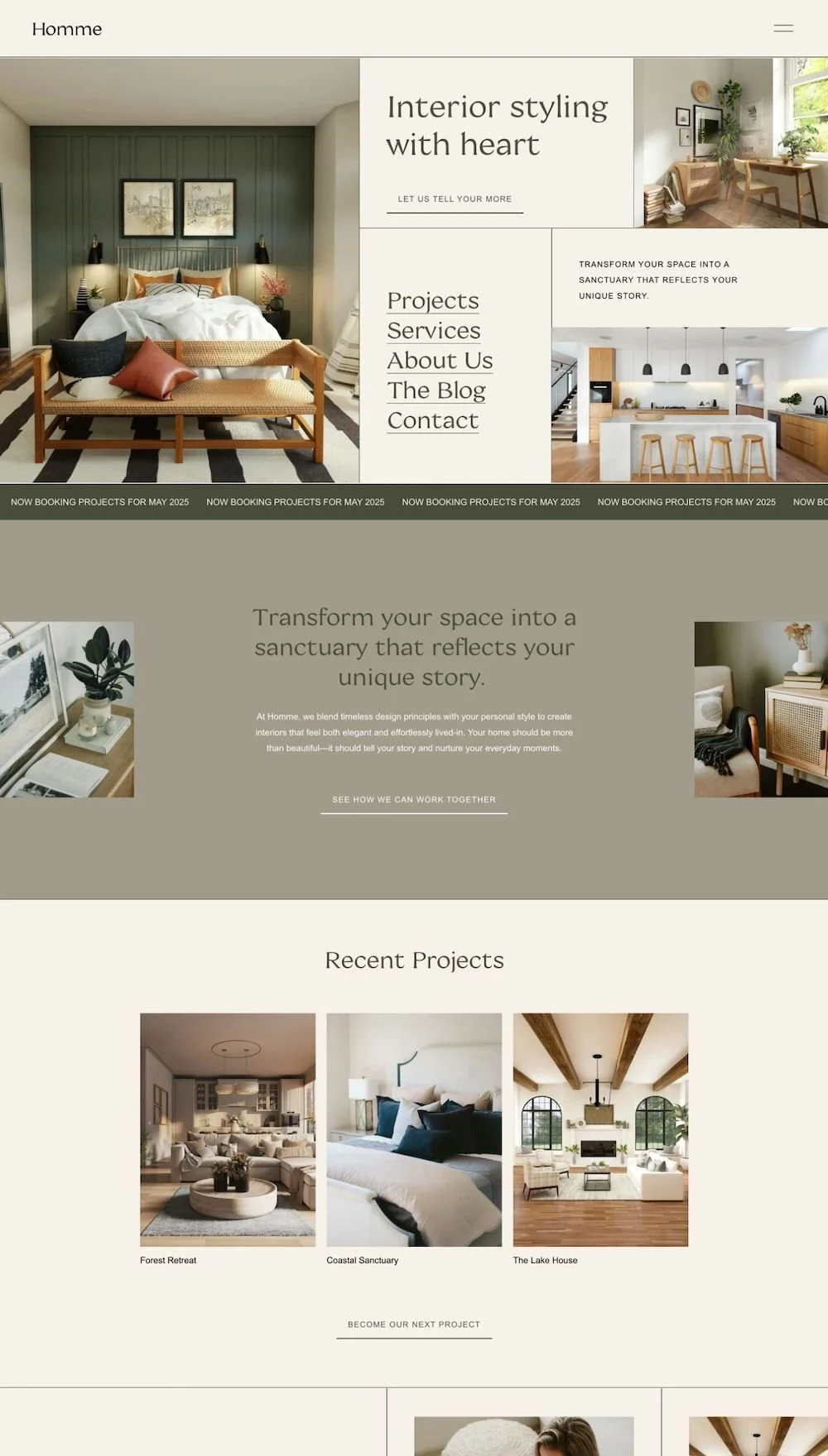 Interior design website homepage featuring modern living and dining spaces, showcasing various styled rooms, project photos, and contact information for an interior designer.
