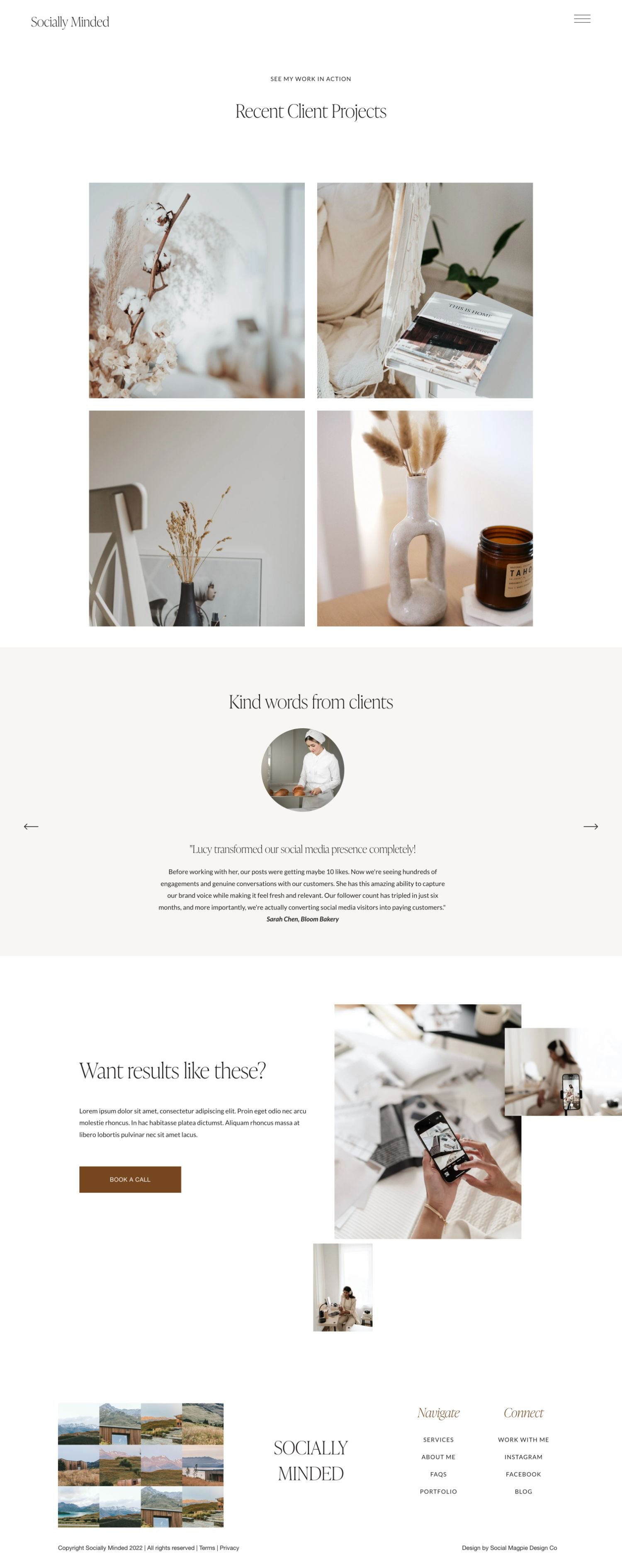 Webpage homepage of Emma Kane, floral designer, showing images of hands arranging flowers and bouquets, with navigation links and subscription form.
