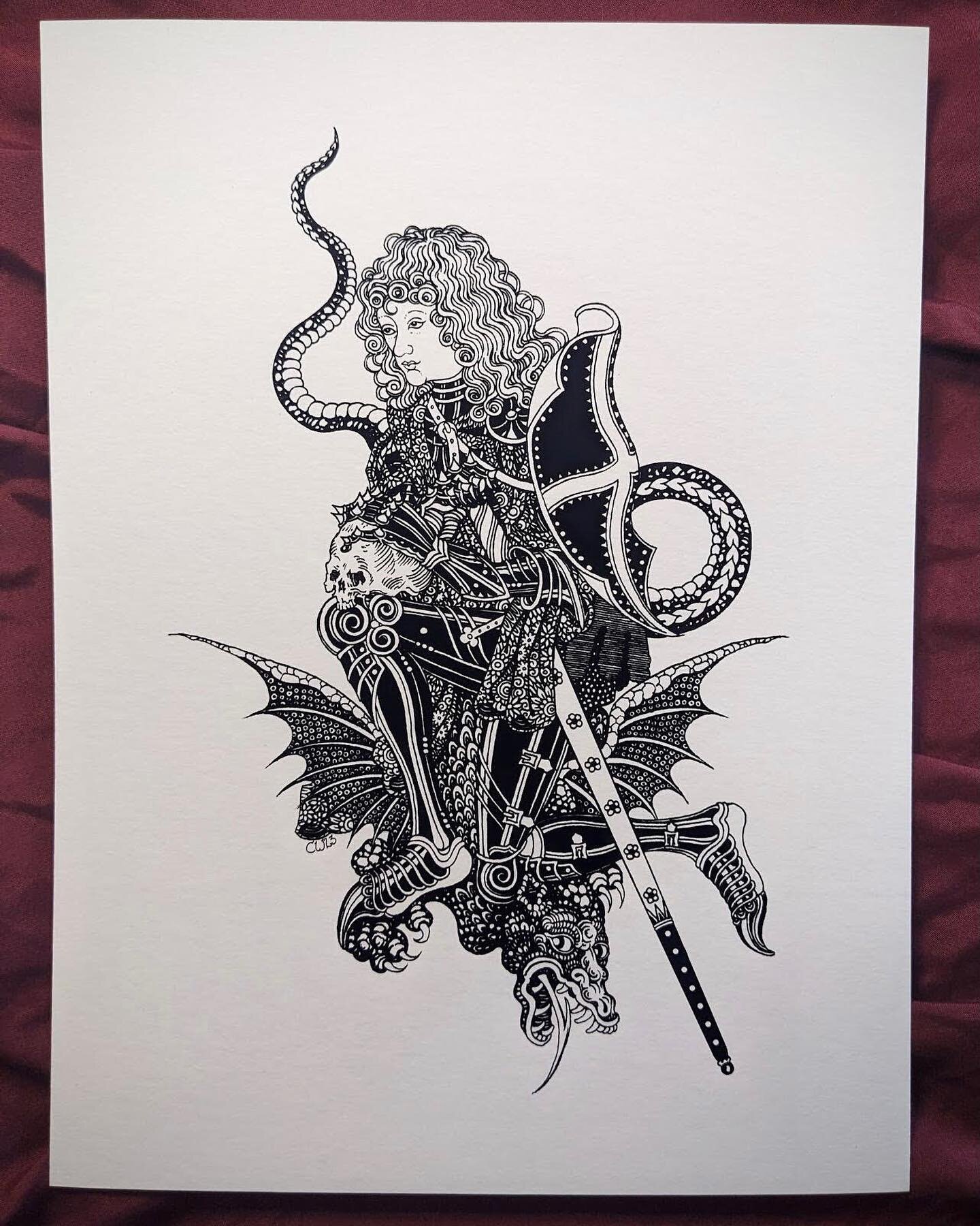 &ldquo;Knight, Death and the Dragon&rdquo; print coming this Thursday! 
🗡🗡🗡
At 2 pm pst I will be adding two new prints to my webstore.

#illustration #darkartist #darkartists #linework #iblackwork #blackwork #engraving #medievalart #medieval #alb