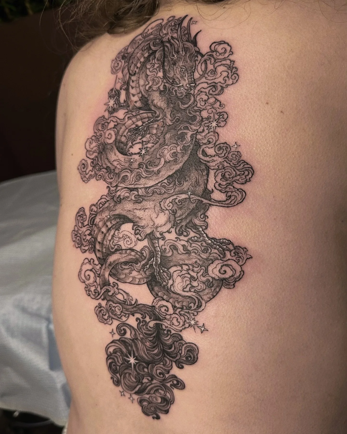 every time I have the good fortune to make a dragon, I fall in love with tattooing all over again! thank you so much for travelling to get this piece, you were beyond strong 🖤