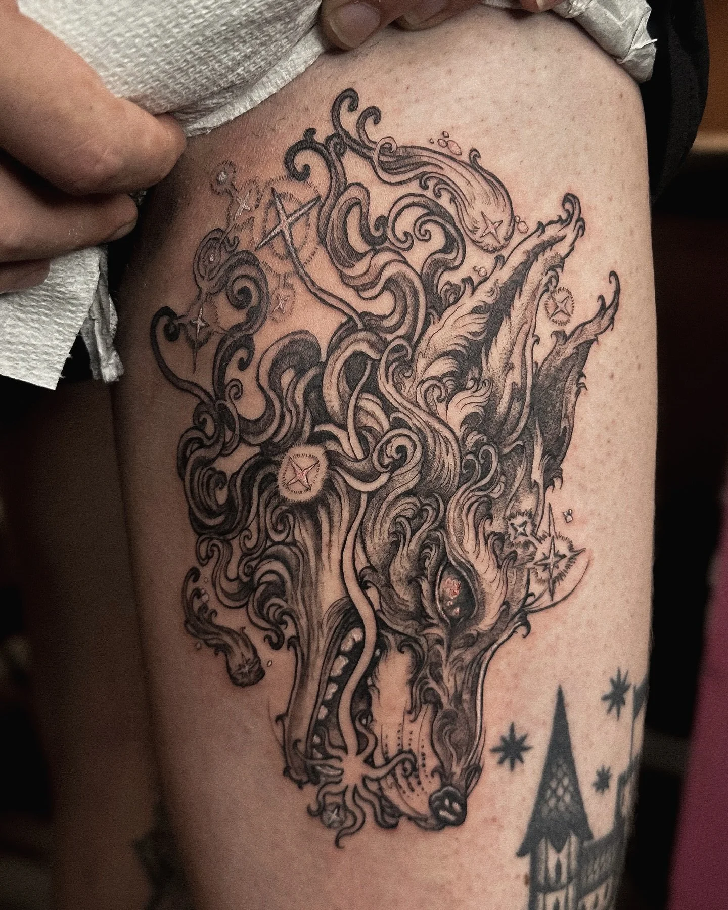 Incoming celestial fox head! it was a total pleasure to make this star-chomping creature for the tough and talented apprentice @stolenfromcraigslist &mdash; you powered through the inner thigh, they&rsquo;re building the youth different these days. 
