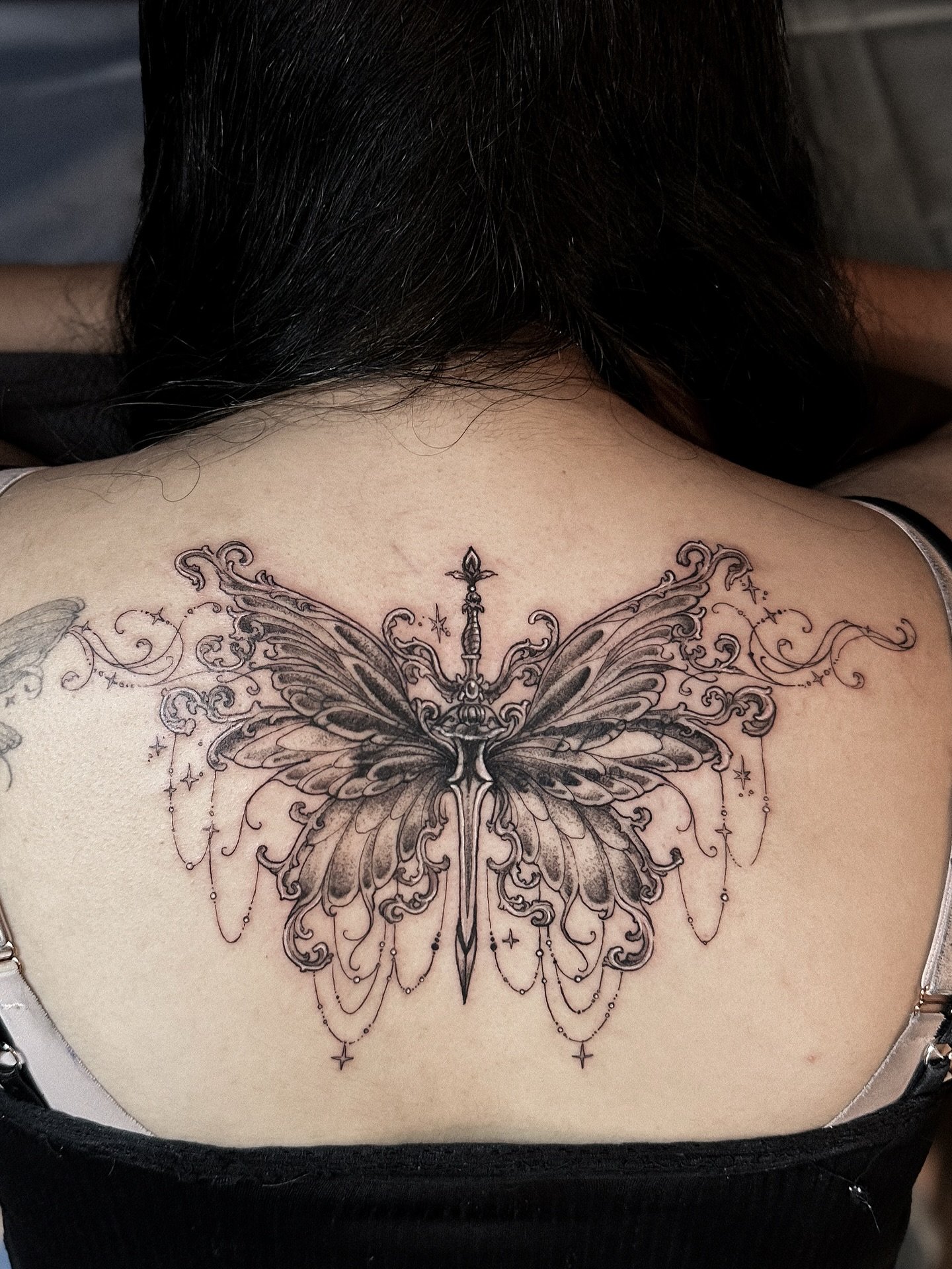 loved doing this fairy blade coverup!! always a delight to tattoo you, thank you for being such a chiller for this piece 🦋