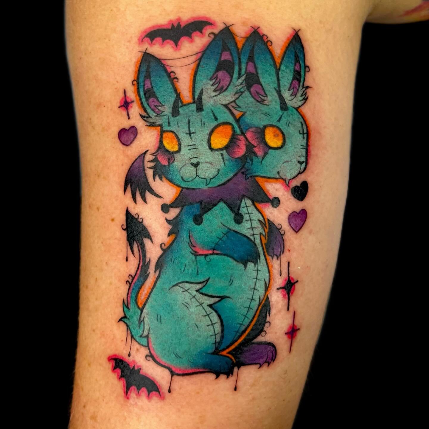 two headed bunny monster for K!!! so happy with how this little guy came out! just in time for spooky season 👻 
&mdash;
🖤 ink.bunni.tattoo@gmail.com
⚔️ done at @svatura 
⛓️ Made with:
@stencilstuff @spirittattooproducts @fkirons @thesolidink @world