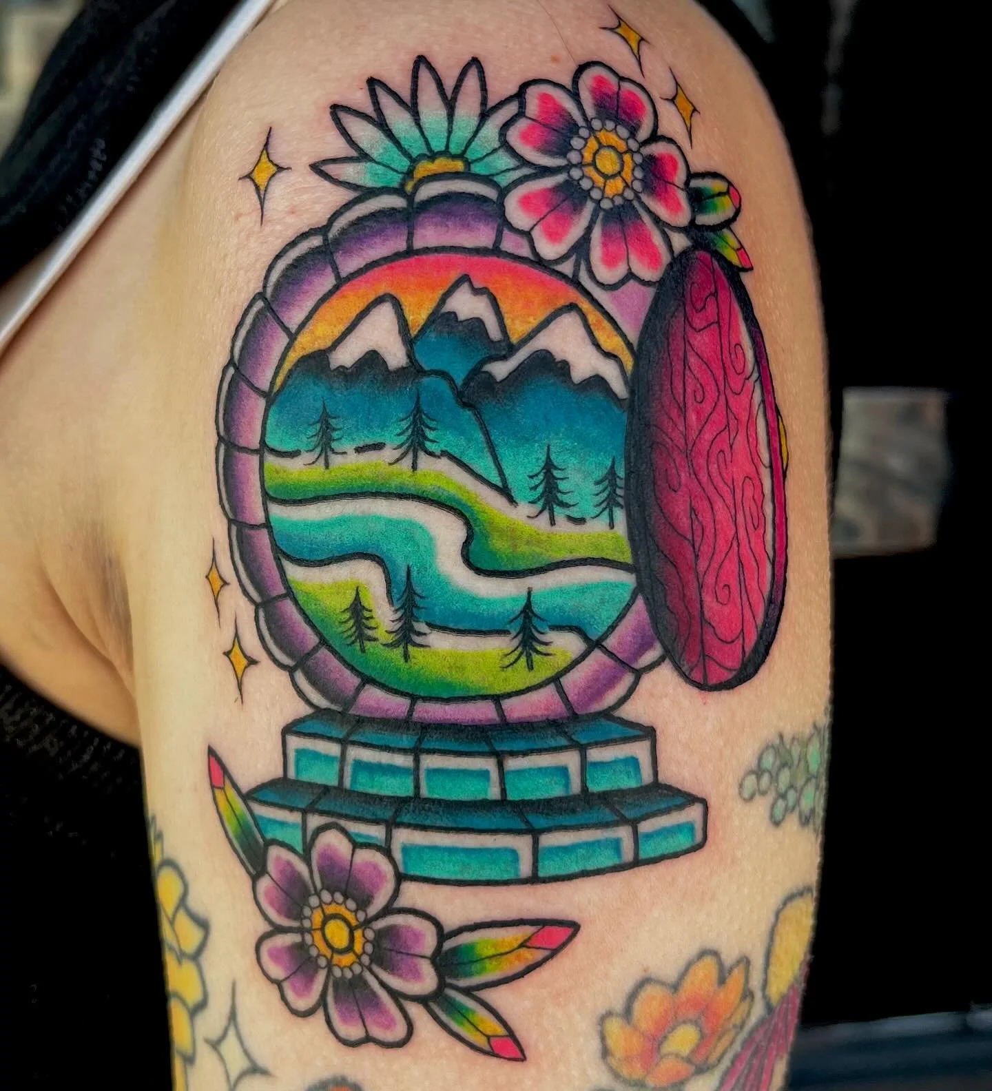 hobbit door for B! looking into a BC landscape 🏔️ 🌲 i had so much fun with this idea! 🧌 Thanks! 
 &mdash;
🖤 ink.bunni.tattoo@gmail.com
⚔️ done at @svatura 
⛓️ Made with:
@stencilstuff @spirittattooproducts @fkirons @thesolidink @worldfamousink @p