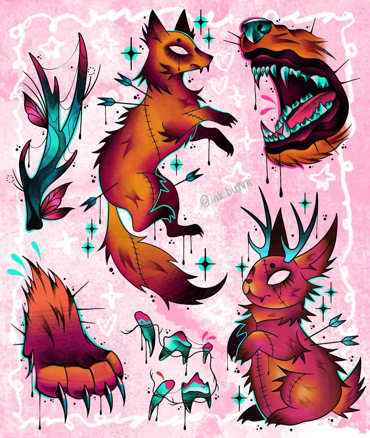 some forest critter themed flash!!! swipe for black and grey version (red can be subbed for other colours) 🦊 🐰 🦷 &mdash; **black and grey fox already claimed!!** 

available to be tattooed this friday at @svatura&rsquo;s fall harvest flash day, bu