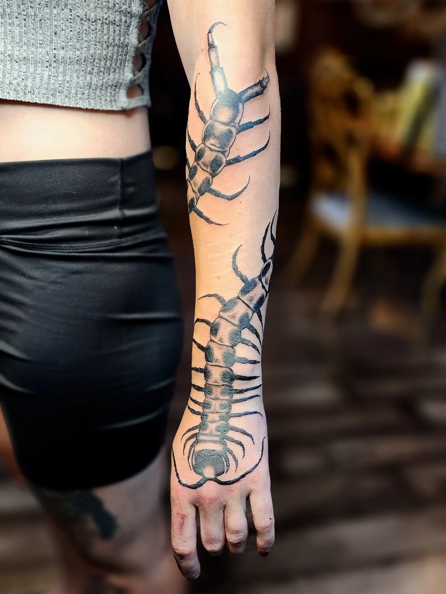 IT&rsquo;S CENTIPEDE SEASON. The moon is in Gatorade or the microwave or something. Books never close. HMU. 
.
.
.
.
#newtattoo #centipedetattoo #bugtatts #ink #forearmtattoo #tattoo #blackworktattoo #vancouver #vancouvertattooartist #daggerpath