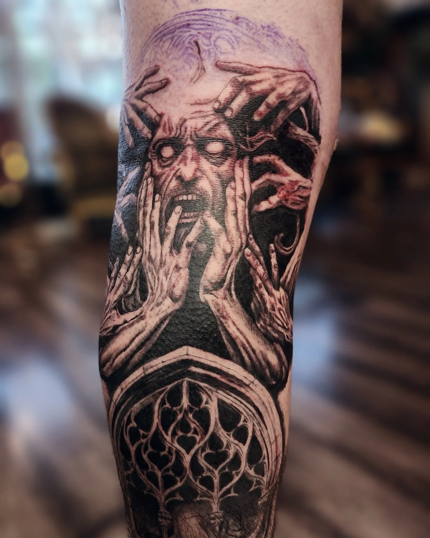 Leg sleeve in the works. If you want a full sleeve of some unhinged madness HMU. Big discounts on sleeve projects. Really good day rates. I want to be busy. 
.
.
.
.
#darkart #darkarttattoo #legsleeve #tattoo #newtattoo #sleevetattooideas #sleevetatt