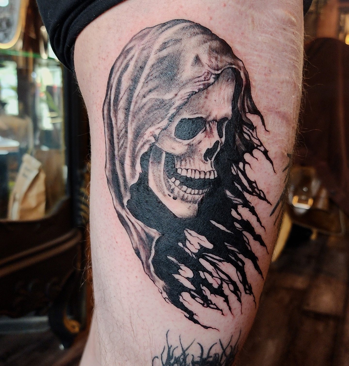 Love doing reapers and skulls. Swipe for more available skull flash.
Done @svatura 
Booking for July is open.
I&rsquo;ll be at the okanagan tattoo show from July 18-20. Hit the link in my bio to book. Discounts on bigger projects and day rates. DM if