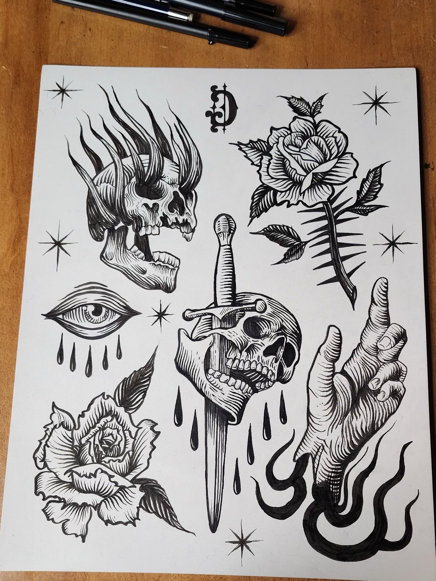 Man, hand-drawn flash just hits different. I used a fountain pen for some of it but I think I need better nibs cause they were kinda ripping the paper. Anyway, here&rsquo;s some new designs all available. DM me if you want to put one of these on your
