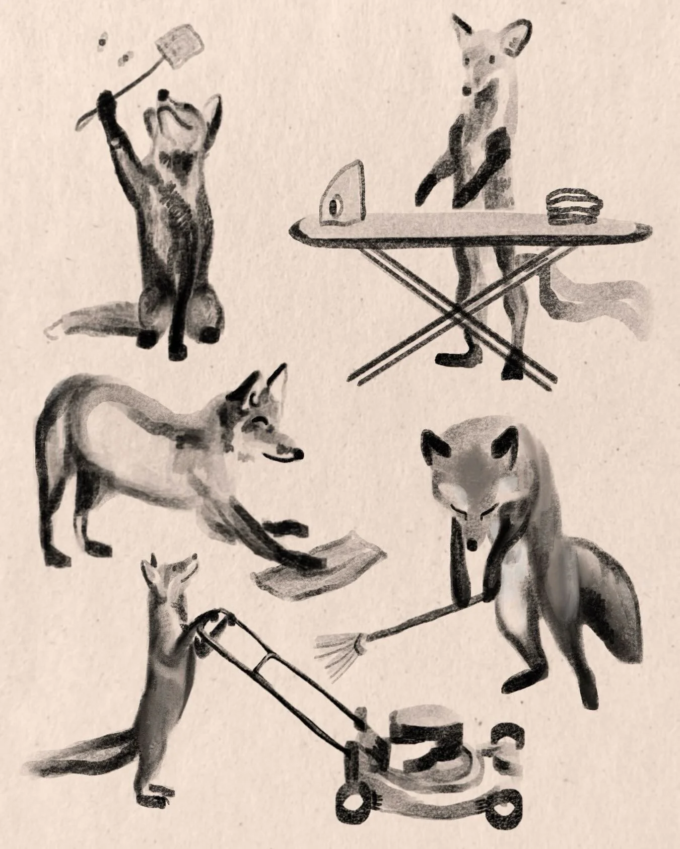 Some sketchy foxes doing tasks to brighten your day