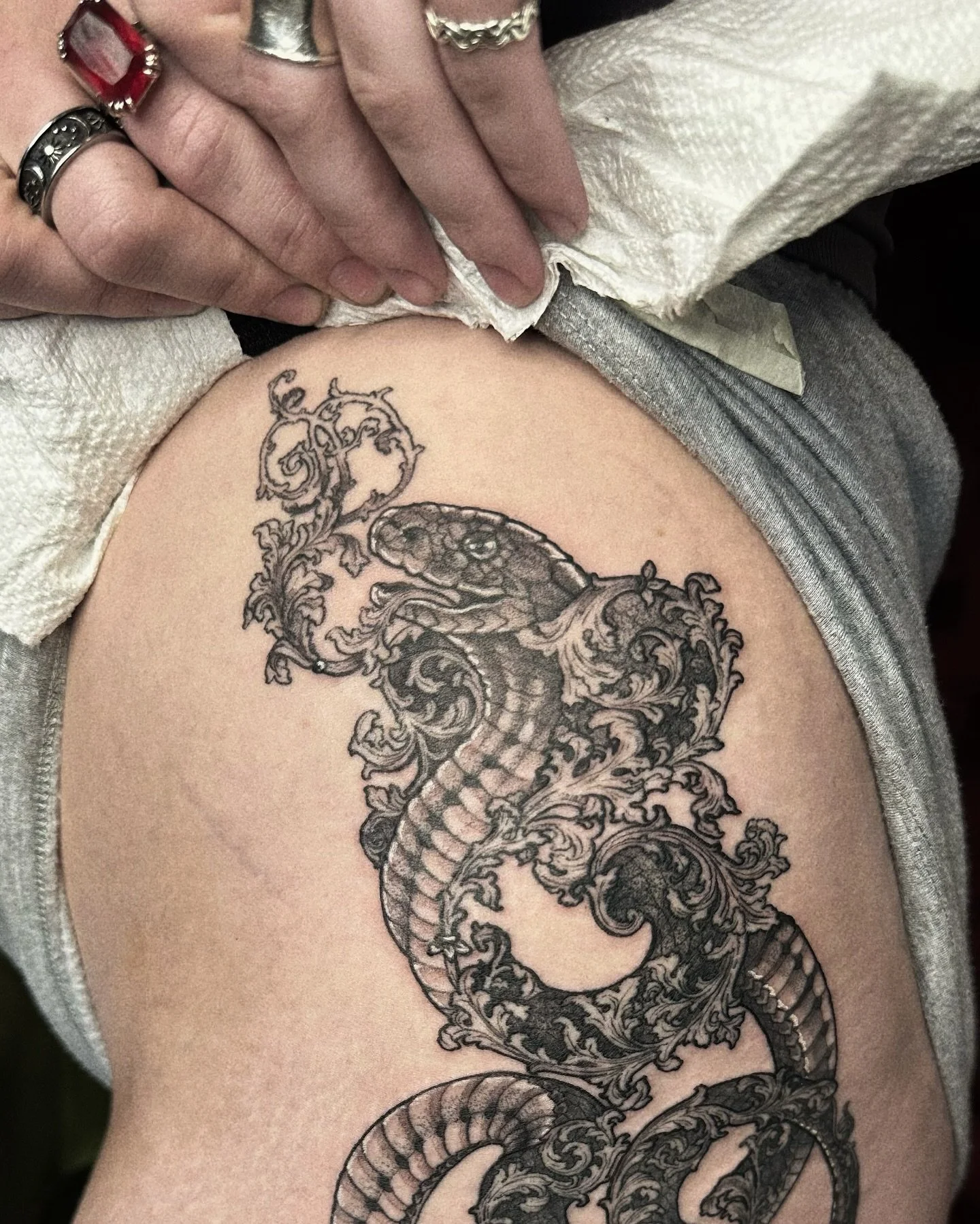 filigree cobra for a tough cookie🗡️ thanks so much for claiming this flash and making the trip up here, this was such a treat to make. I&rsquo;d love to do more ornamental snakes this year 
.
.
.
#yvrtattoo #vancouvertattoo #vancouvertattooartist #s