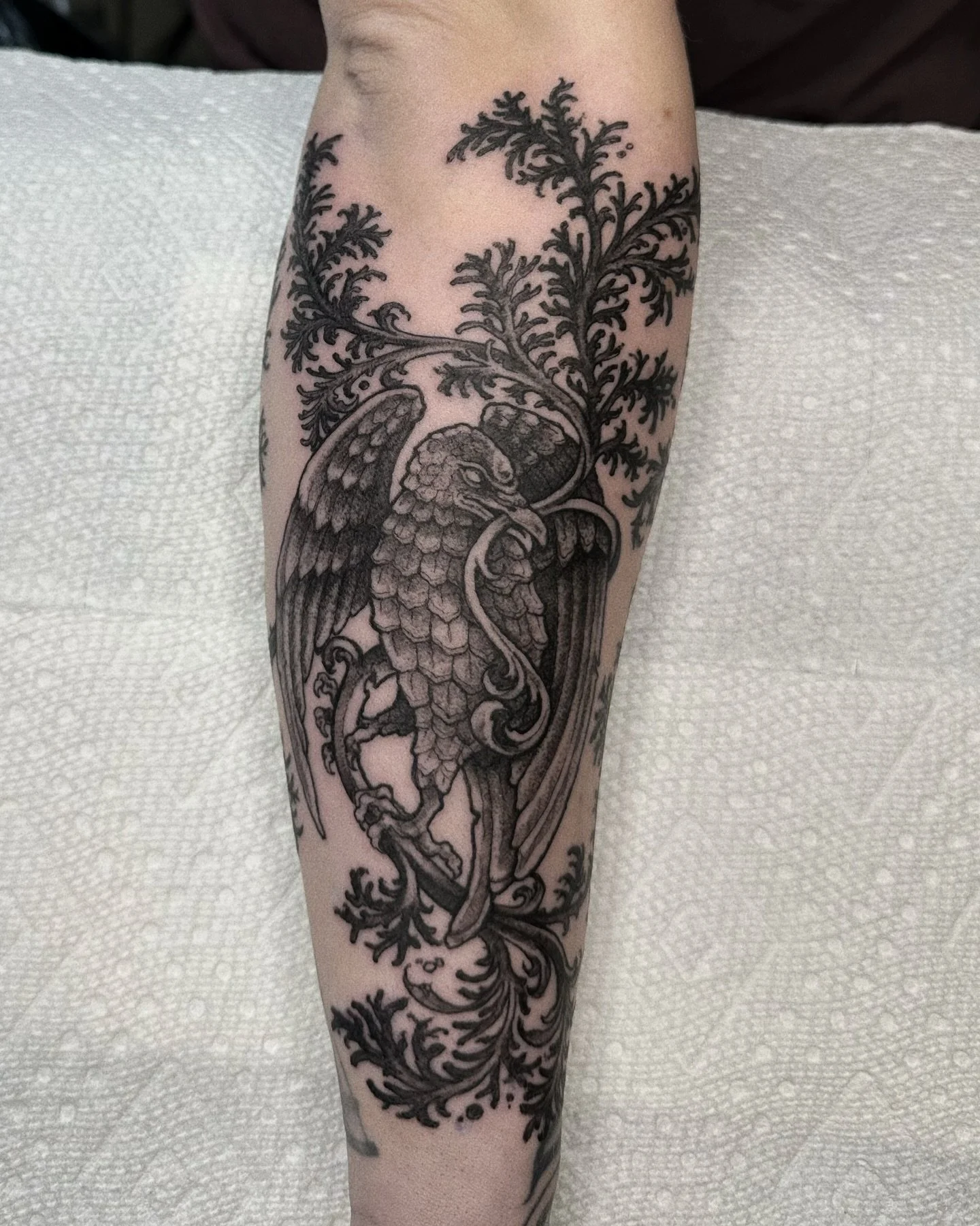 Pugin Gothic Corvid Statue and filigree flow based on Cervical Mucus Ferning&mdash; this was an absolute treat to tattoo and they were the toughest cookie. Thank you so much for your stamina and travelling down to yap and get poked!
Above a sick hand