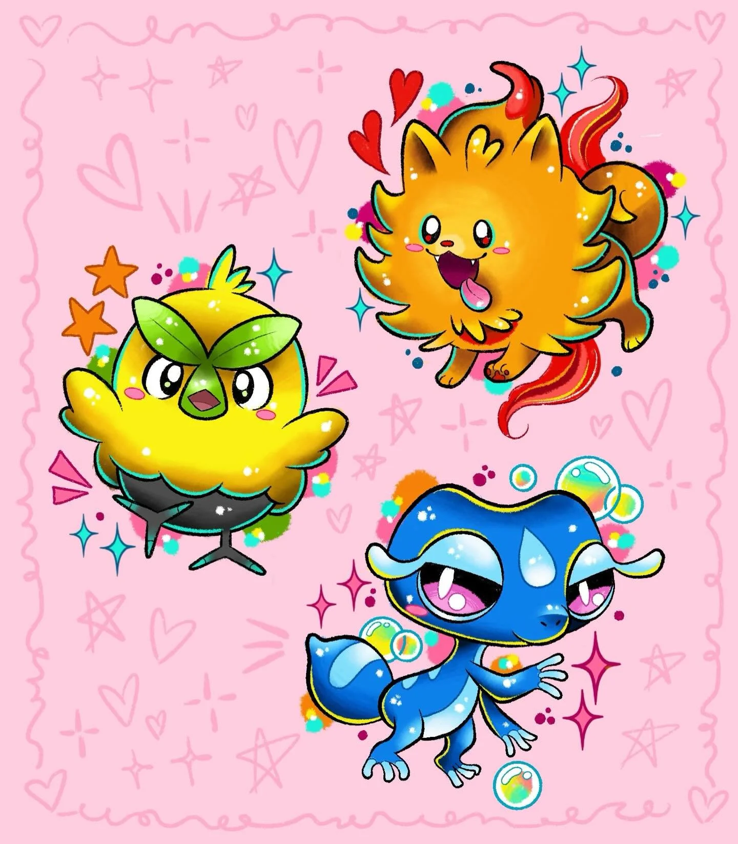 with all the buzz around the new pokemon game, i just HAD to draw the new starters. i am so obsessed with pombon 😭 who are you choosing? ❤️&zwj;🔥 🍃 💧 
&mdash;
💌 ink.bunni.tattoo@gmail.com
⛓️&zwj;💥 @svatura 
&mdash;
$300 each, email to inquire ?