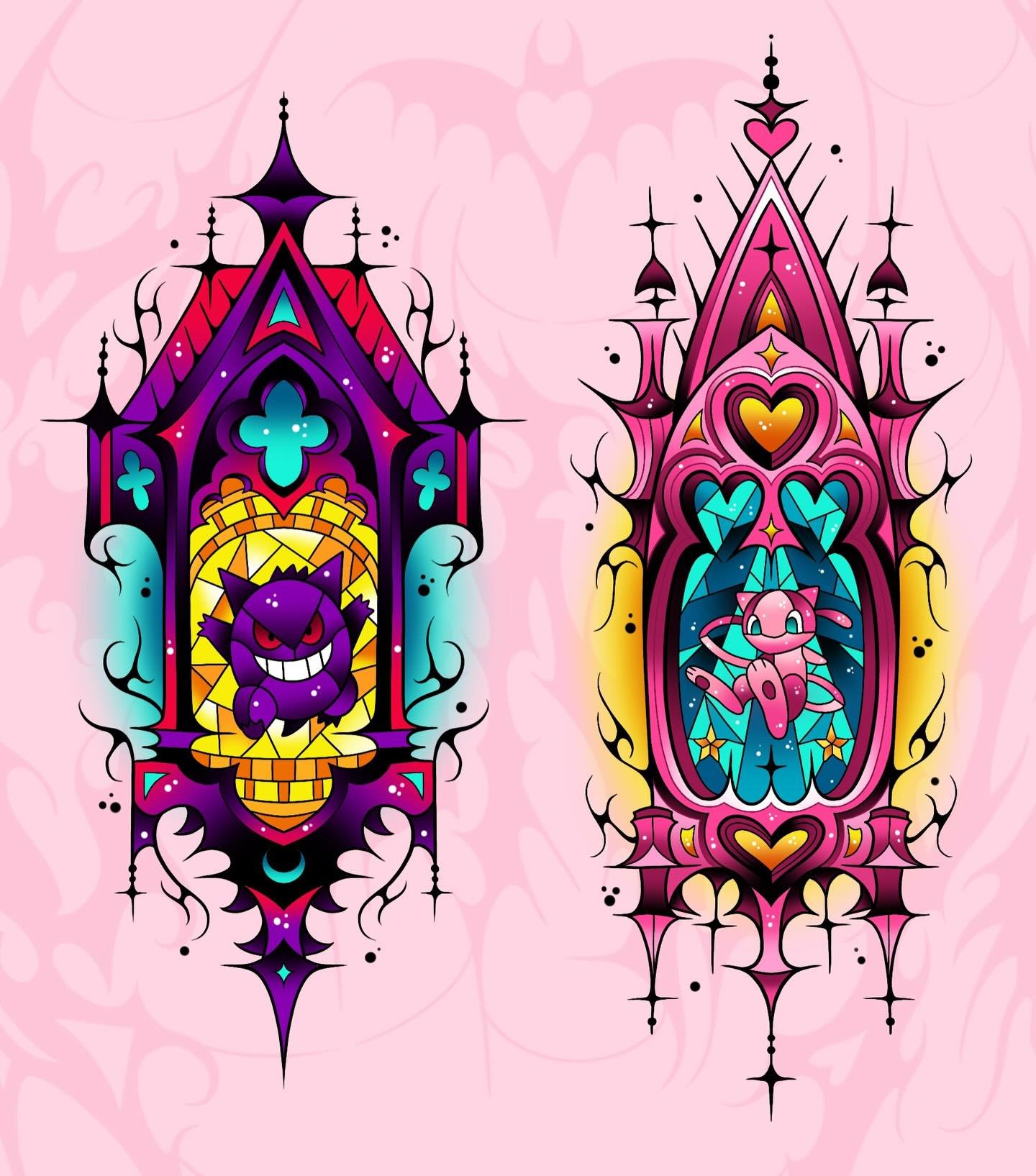 FLASH FLASH FLASH!! Super excited about these. Stain glass Mew and Gengar, and ornamental Mega Chandelure. The stain glass was inspired by the Notre Dame Basilica in Montreal that i saw in September, and of course the cathedral idea is inspired by th