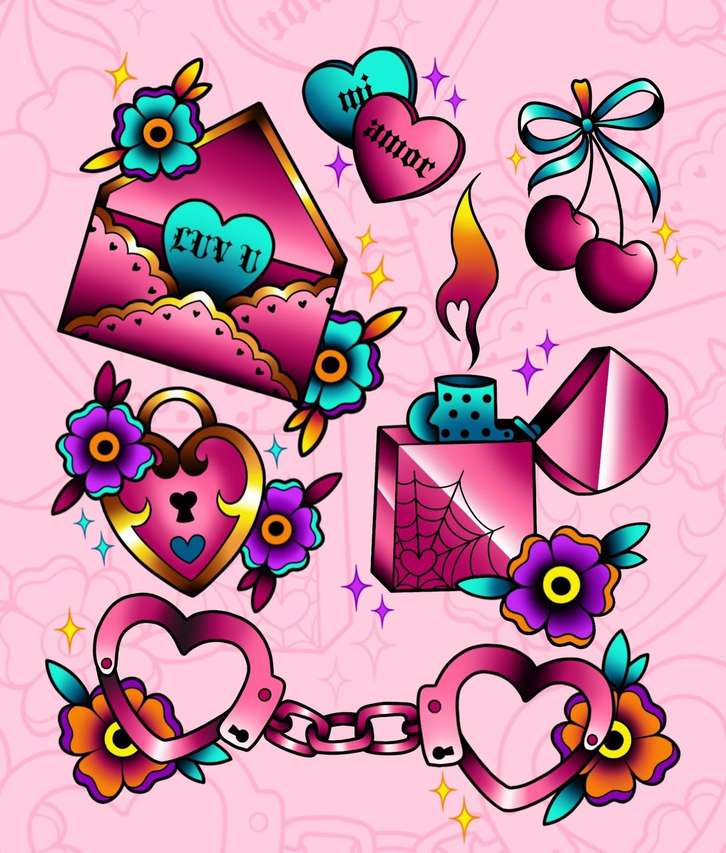 valentine&rsquo;s day flash! 💘💌 super happy with how these turned out, i&rsquo;m wanting to draw more trad/neo trad stuff :) i have a couple dates left in february! prices are as follows:

love letter $300
handcuffs $280
lighter $250
lock $200
cher