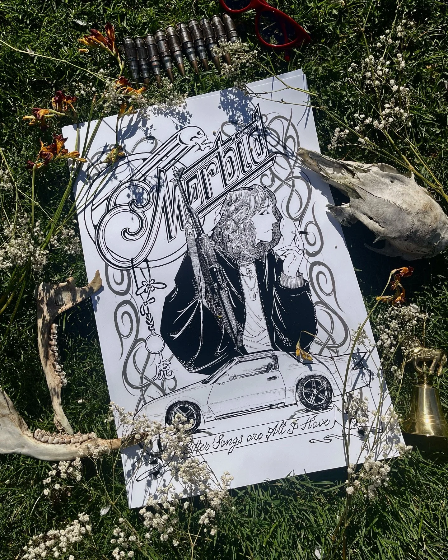 Oh nooo i fell and dropped MY NEW MERCH 🧧⚔️ &ldquo;MORBID&rdquo; 12x9 posters, 5x7 postcards, and qt vinyl stickers dm or email me to get some springtime drip
