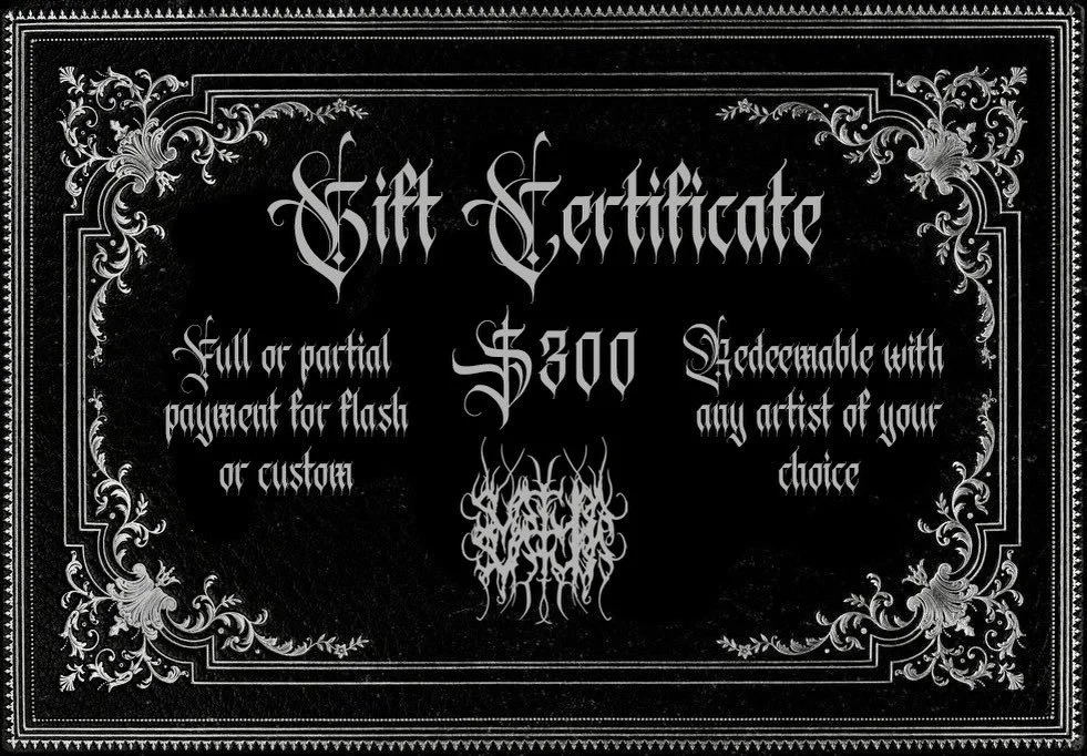 Svatura gift cards available! These beautiful gift certificates can be used for yourself or as a gift- their monetary value going towards any of the artists of Svatura (including me!). A thoughtful gift for any spooky tattoo-lover in your life. Minim