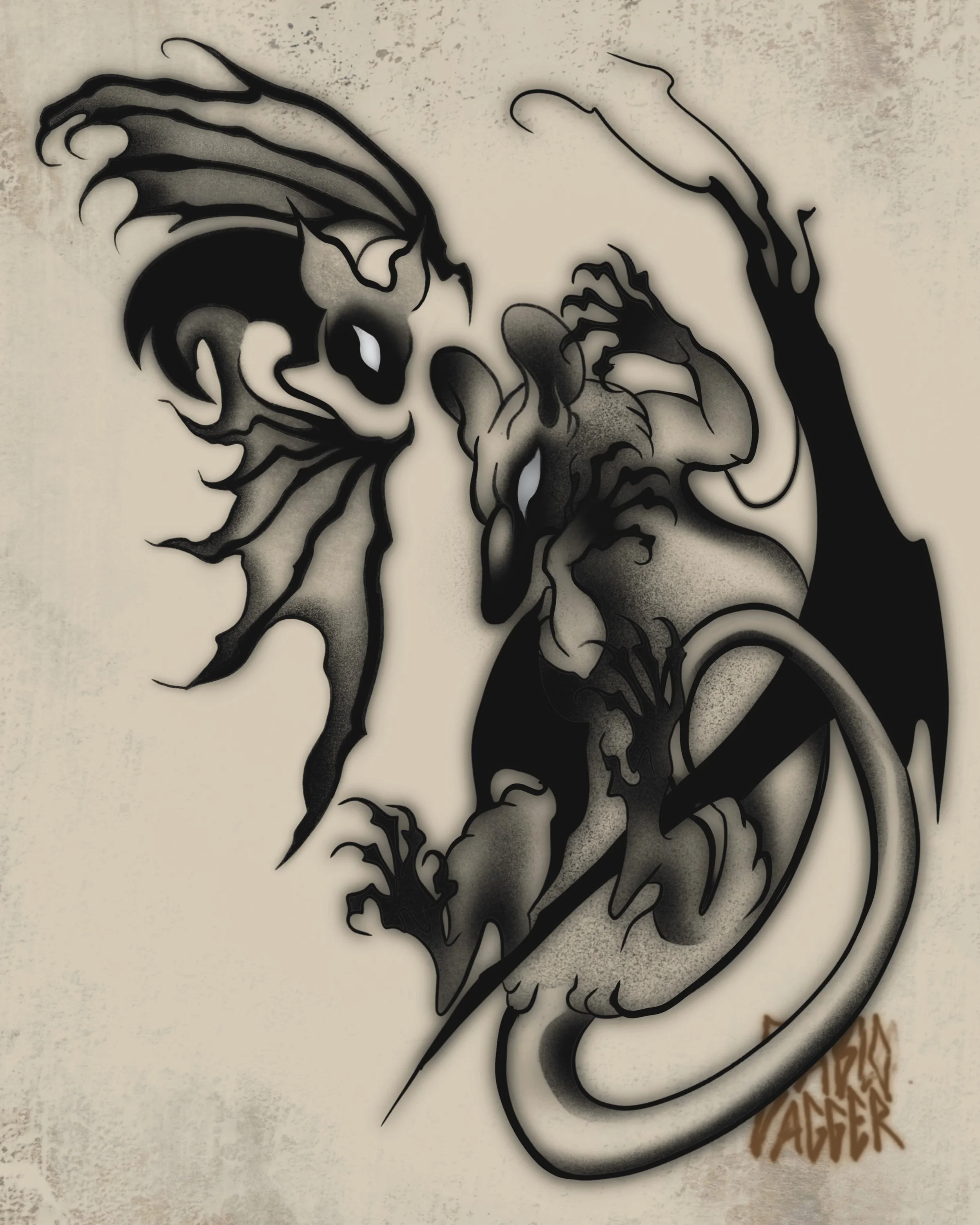 Available flash - smoke shaded bat and winged rat.

#battattoo #witchtattoo #smokeshading #rattattoo