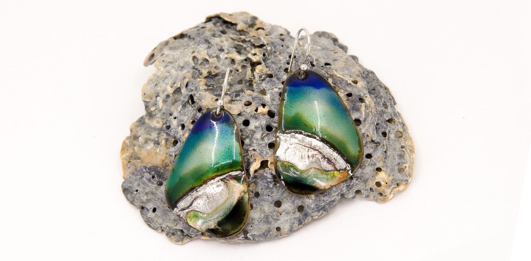 Large Eutectic Landscape Earrings 2021: enamel, copper, silver