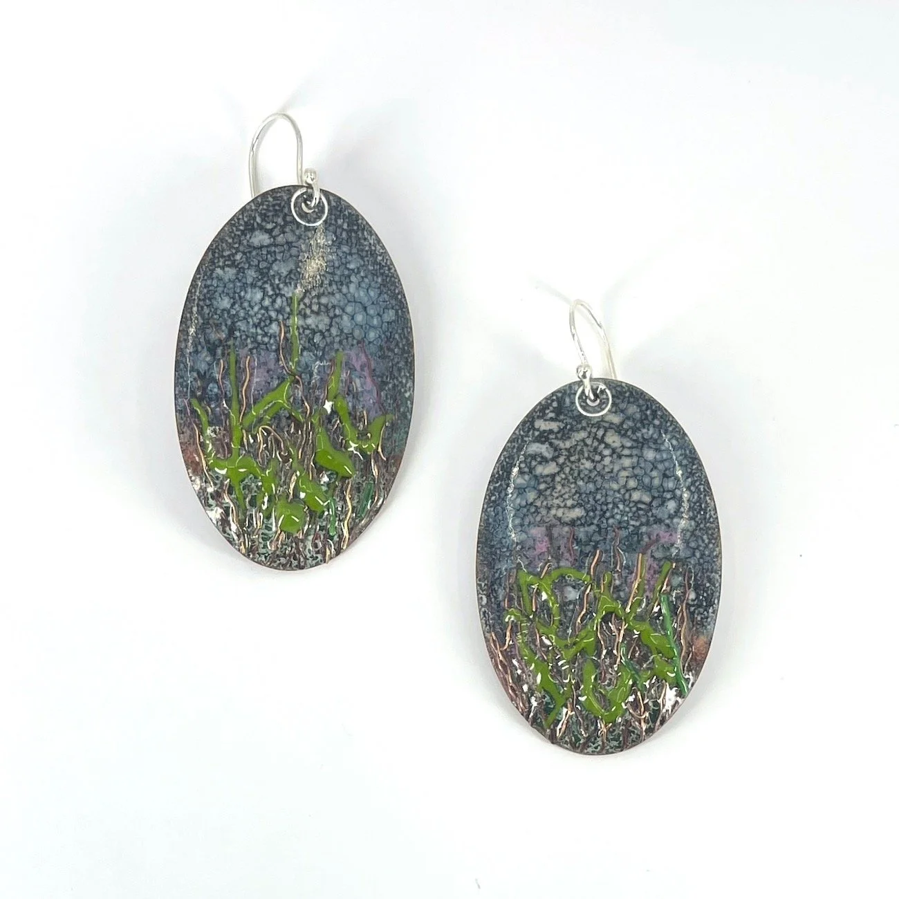 handmade oval enamel earrings with gray stone pattern and green and purple grass and flower strands