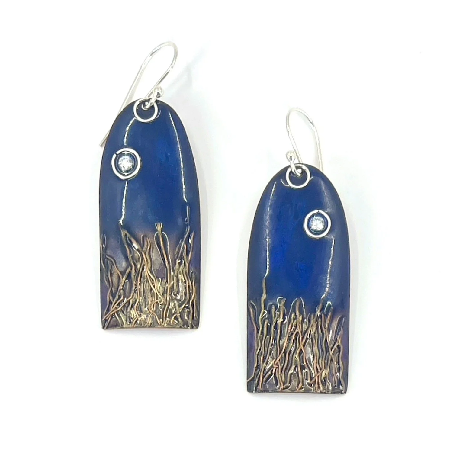 handmade oblong blue enamel earrings with diamonds and copper wires