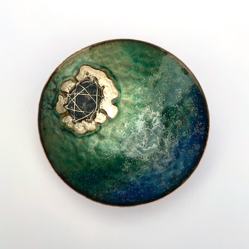 Round enamel copper bowl in blues and greens with silver eutectic and sea stone