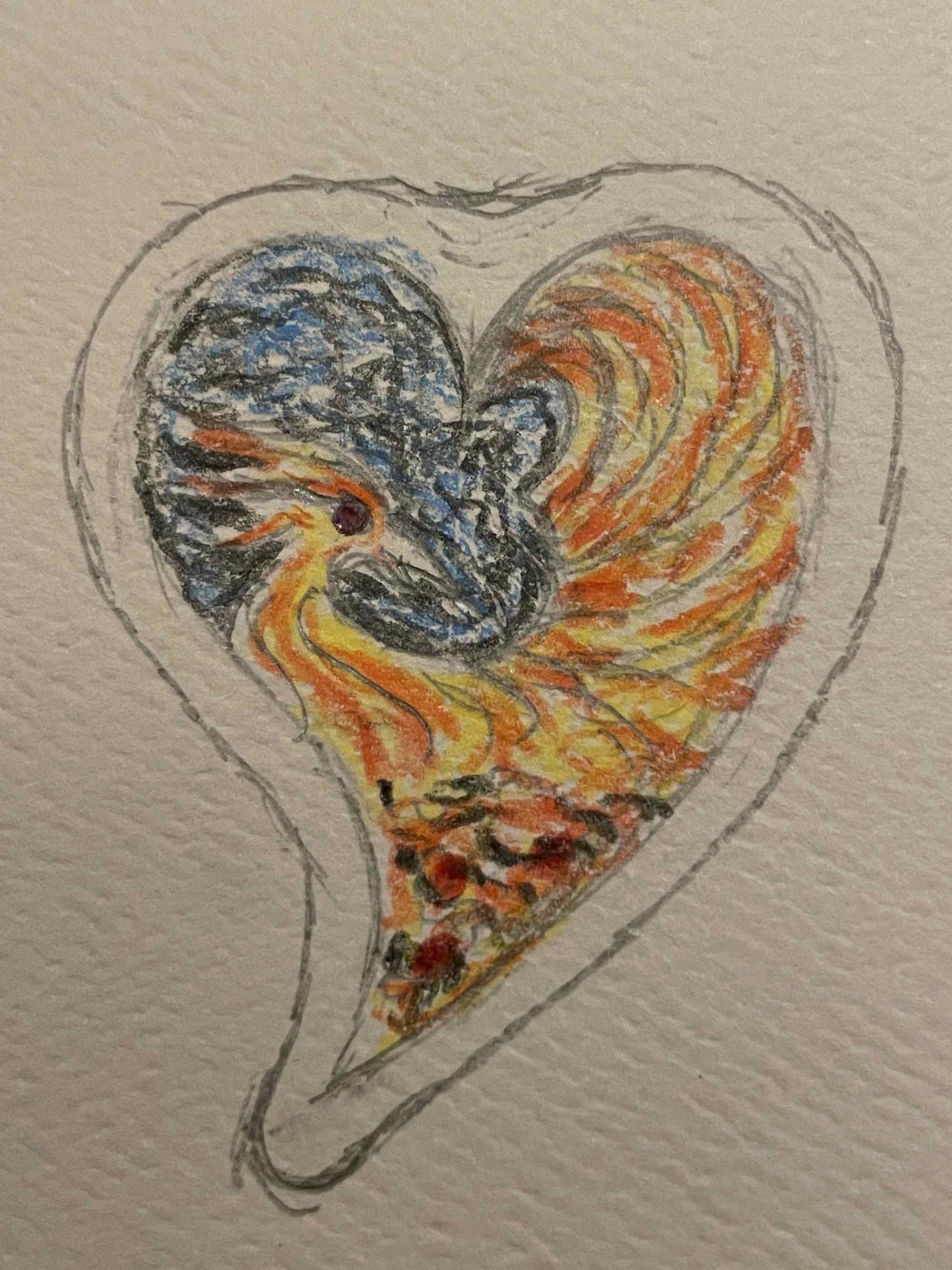 sketch of heart pendant with phoenix