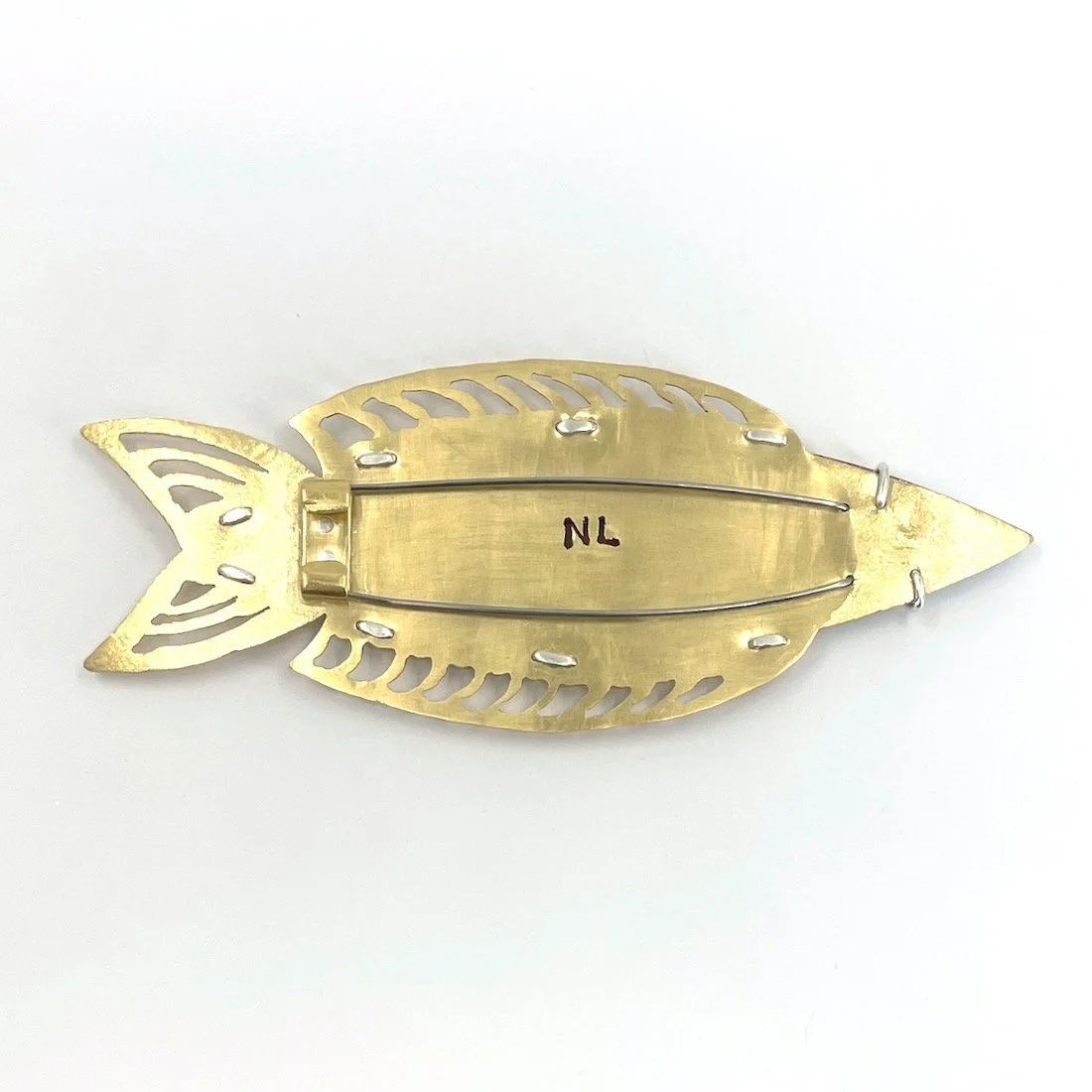 Back of fish cloisonné enamel brooch with brass setting