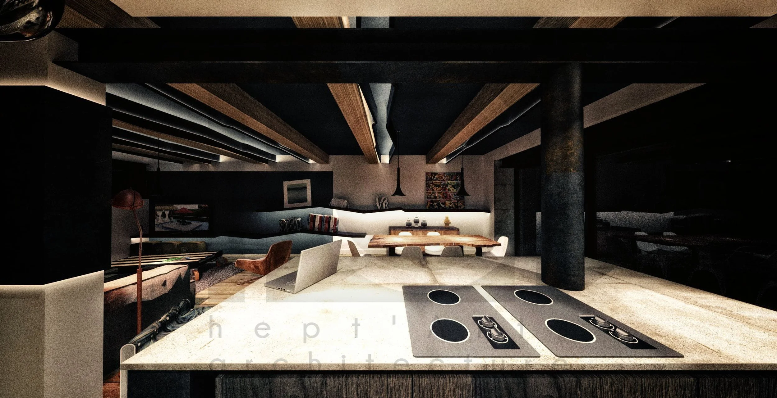 appartement sjc rénovation aménagement décoration moderne vue depuis cuisine . nuit