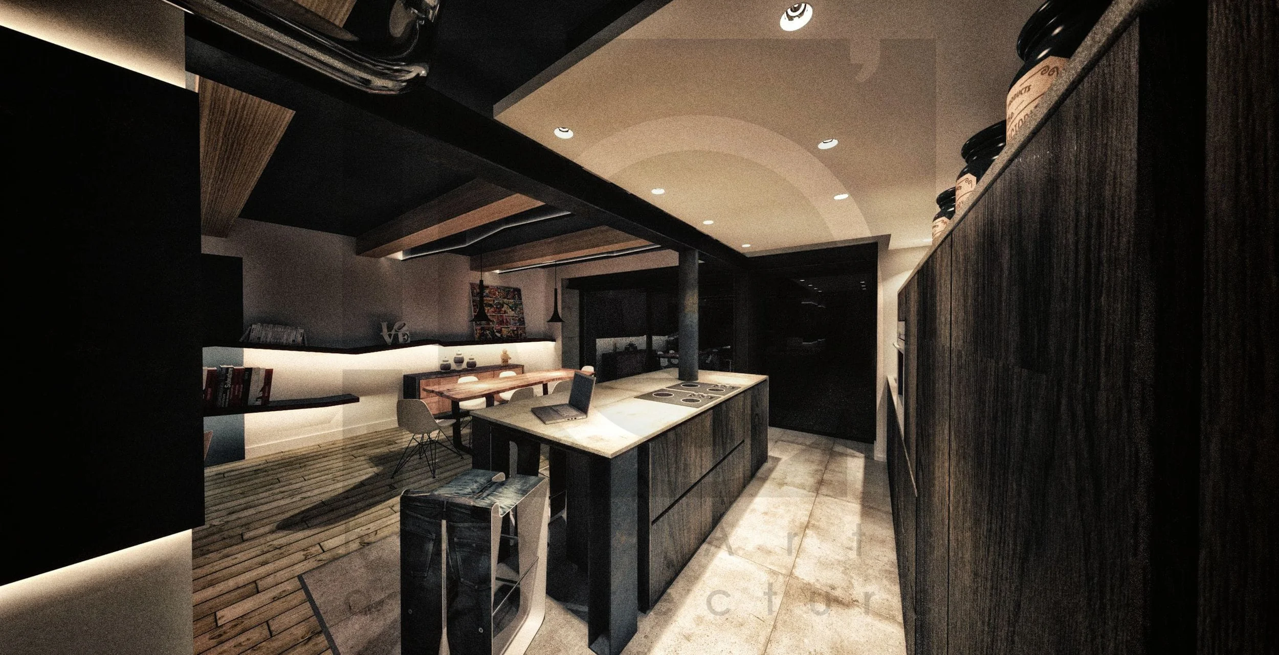 appartement sjc rénovation aménagement décoration moderne vue sur zone cuisine repas . nuit