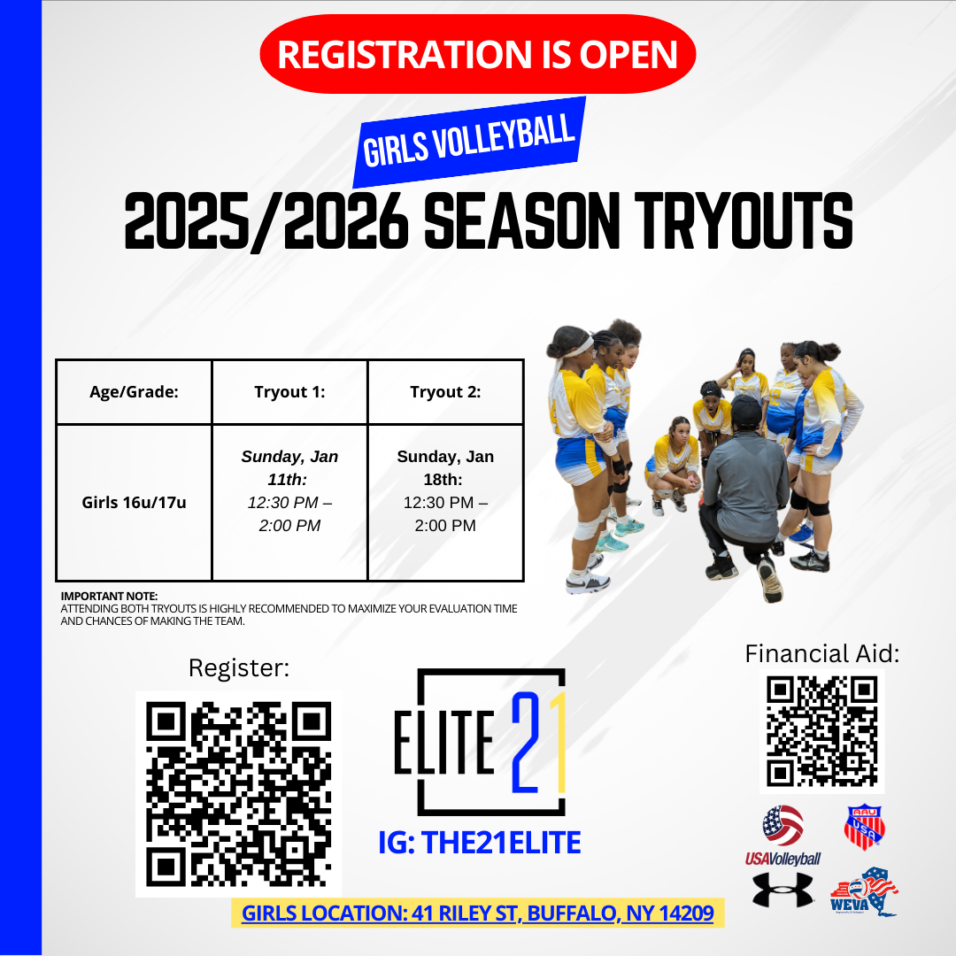 Flyer for girls volleyball 2025/2026 season tryouts with dates on January 11th and January 18th, showing a group of girls in volleyball uniforms and coaching on the court.
