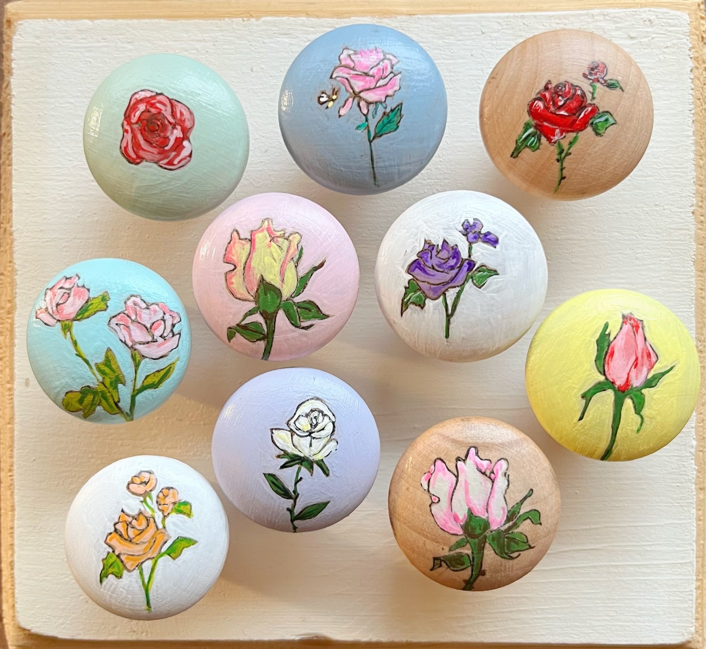 SOLD.
Hand painted wooden drawer/cupboard knobs. The Rose series.