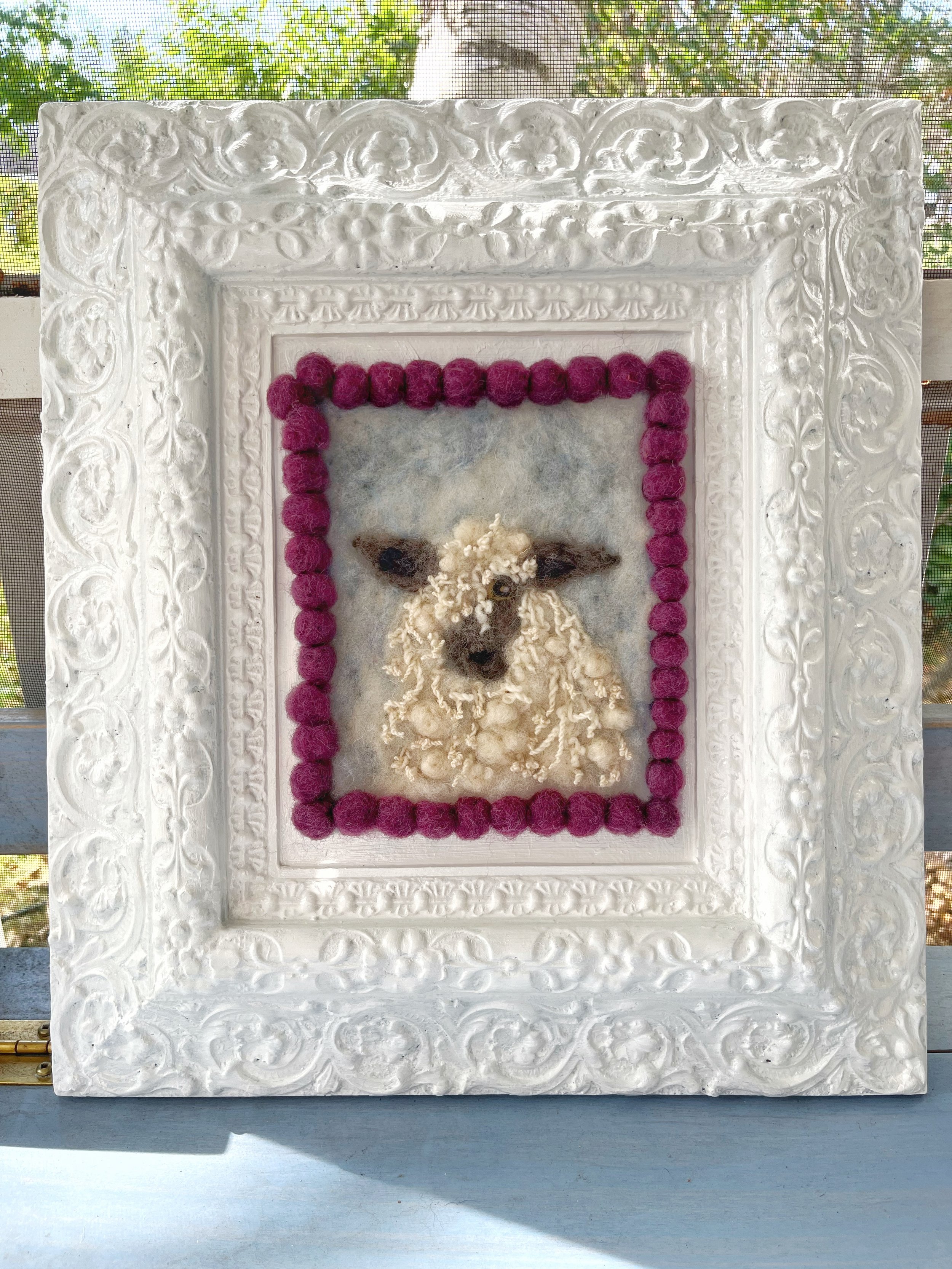 Hand felted "Wooly Family Portrait" in vintage frame