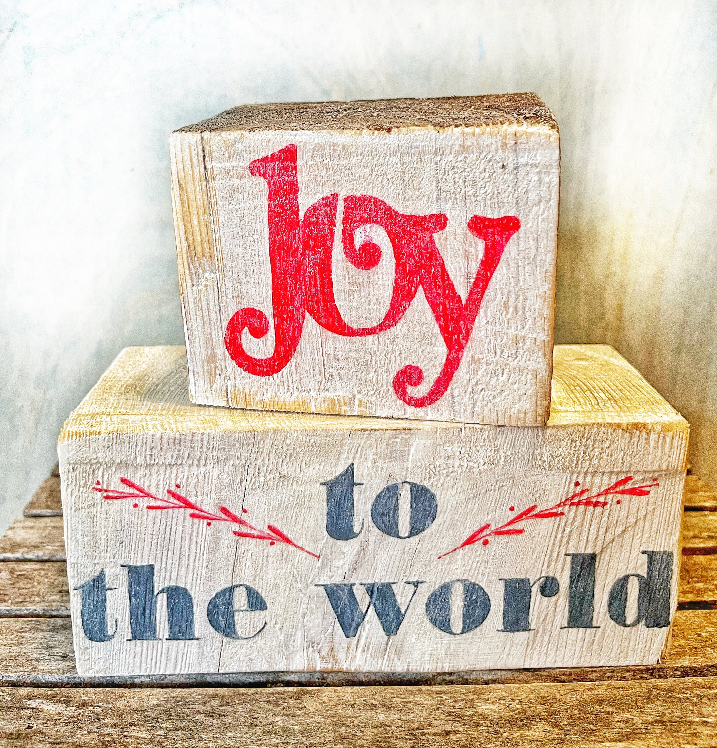Christmas Blocks. Salvaged wood blocks hand painted and turned into vintage inspired home decor for the holidays.