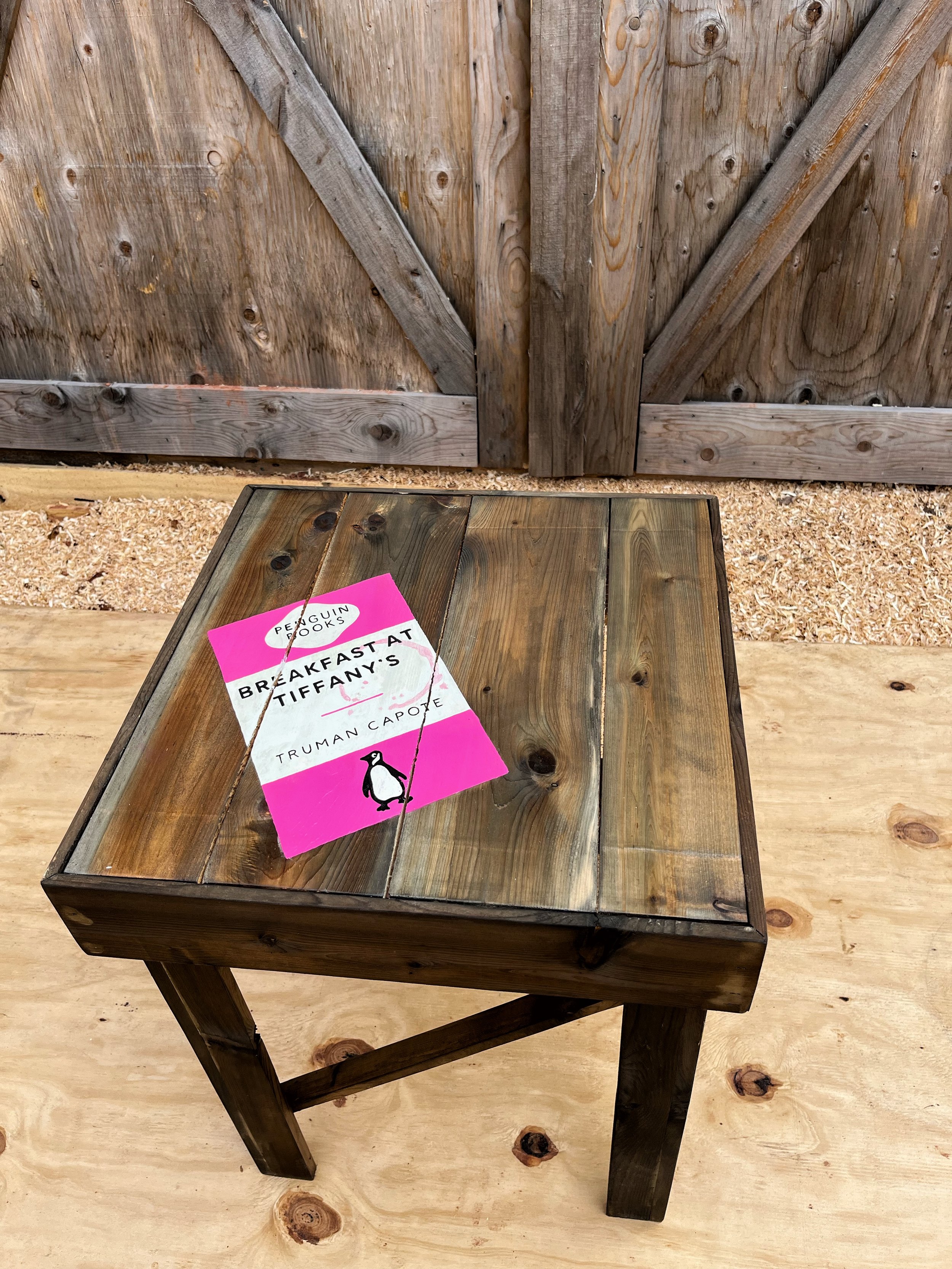 SOLD
'Breakfast at Tiffany's with wine' Hand Painted Penguin Book Cover Cedar Side Table