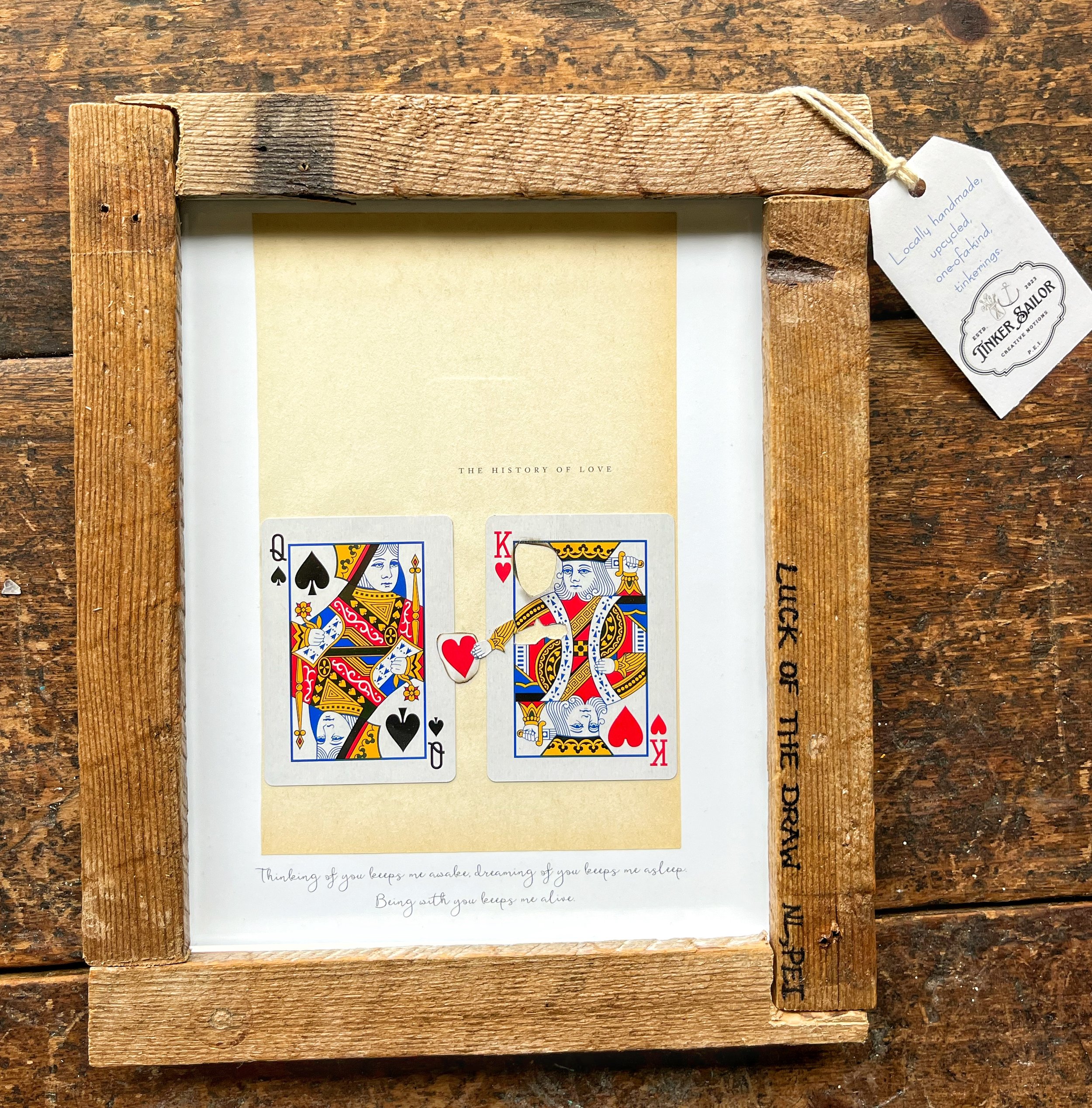 SOLD
"Love Note"
Framed in wood from a well used lobster trap, this piece is dreamed up with playing cards and a page from a good book.