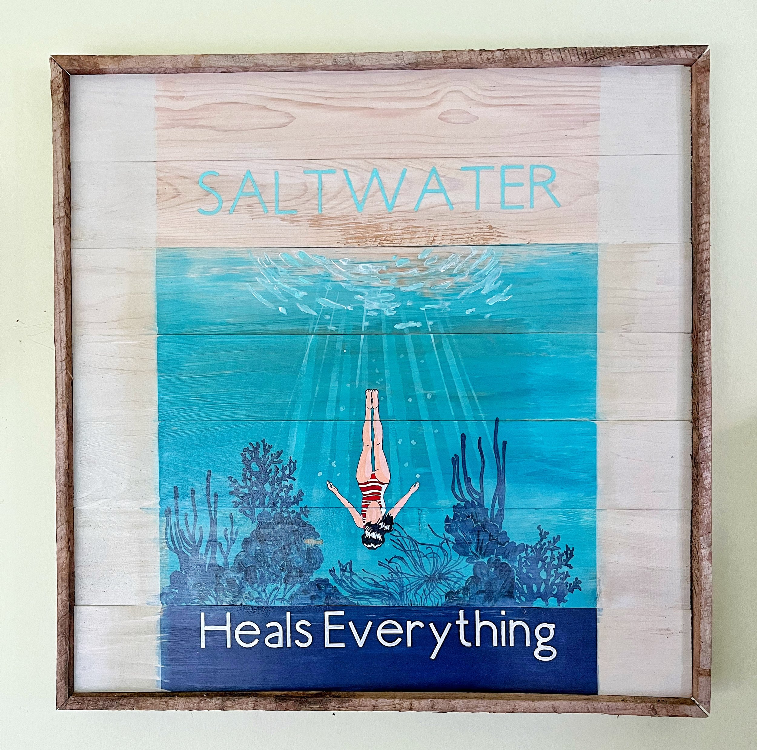 "Saved By The Sea"
Hand painted on large cedar strip canvas and framed in old lobster trap wood.