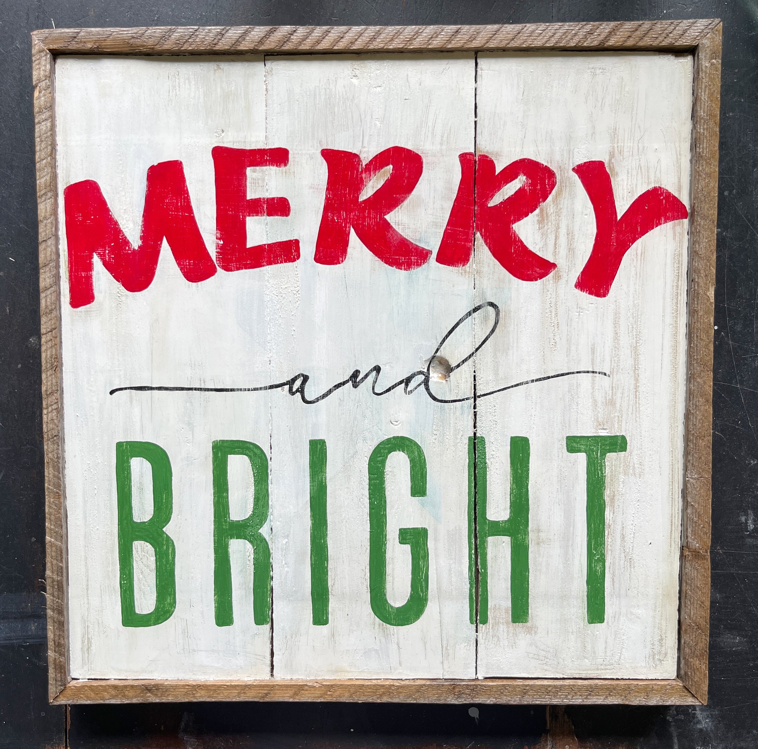 Hand-painted, large holiday picture made from salvaged Fiona cedar and framed with repurposed wood from a Northside Fisherman's lobster trap.