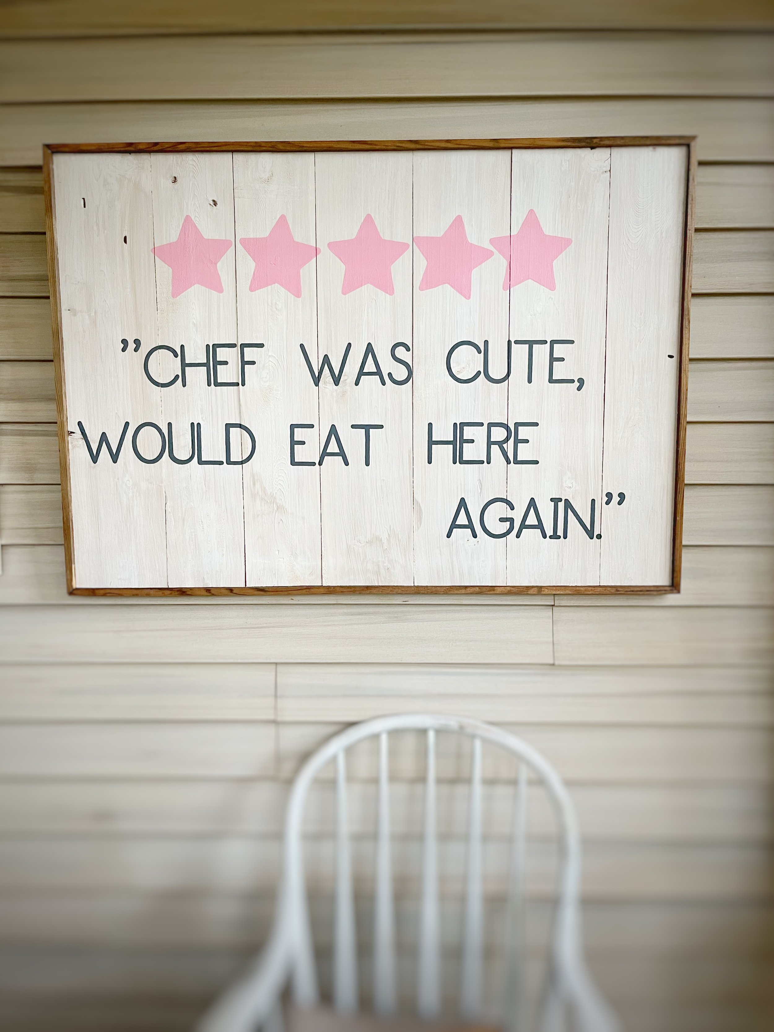 "Rave Review" 40"x28" Handpainted on salvaged cedar framed boards.
I just thought 'what would I love to see hanging I'm my kitchen?'