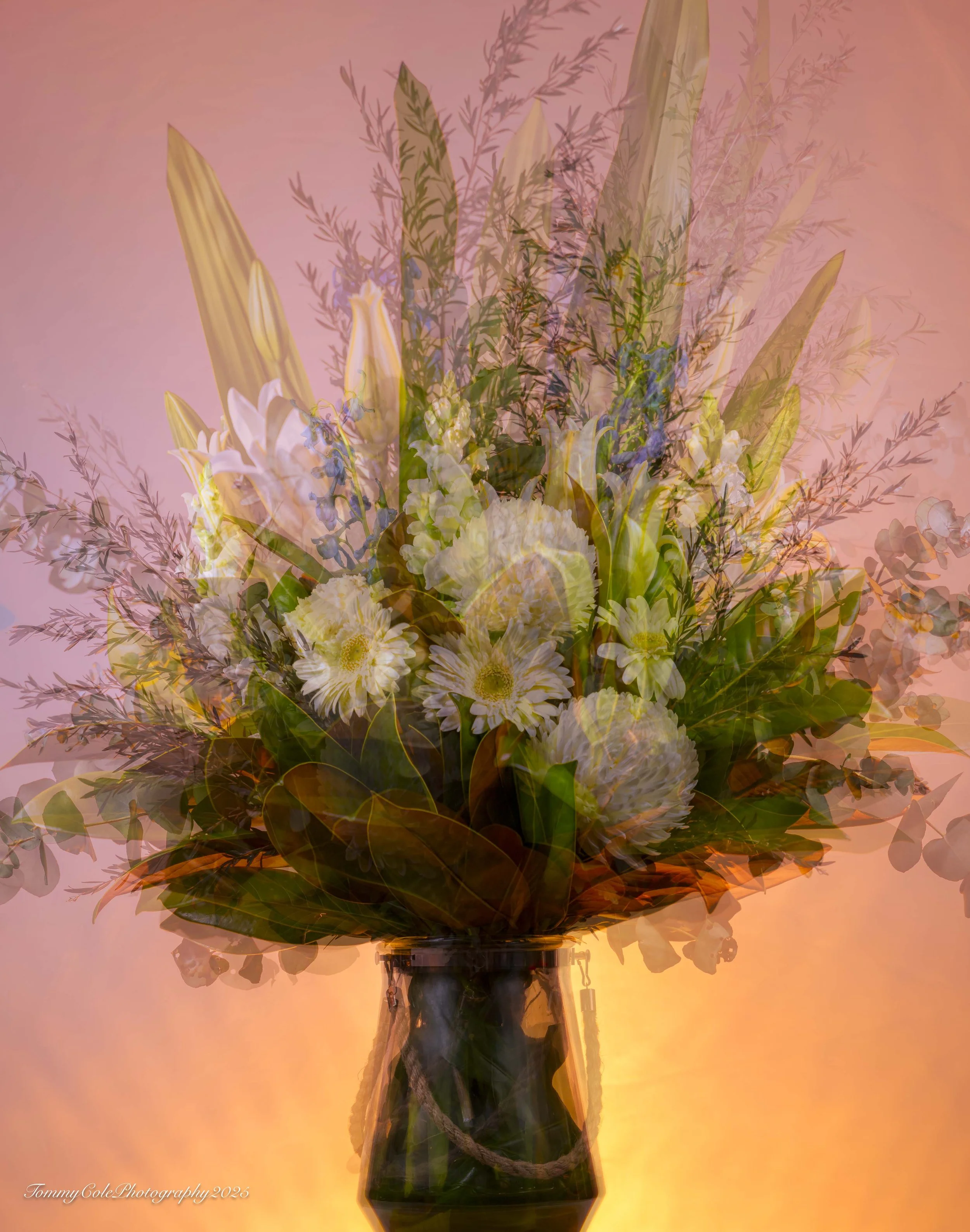 A multi-layered photo of a flower arrangement in a dark vase, with a soft pink background and warm orange hues in the foreground.