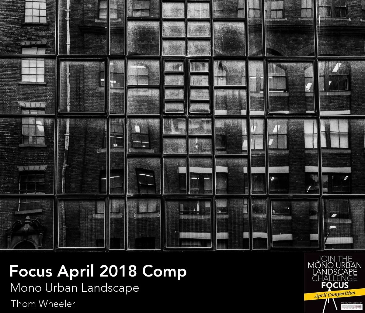 First Place B&W Award for photograph of reflection of urban building windows and brick walls in a grid of glass windows with some tilted reflections.