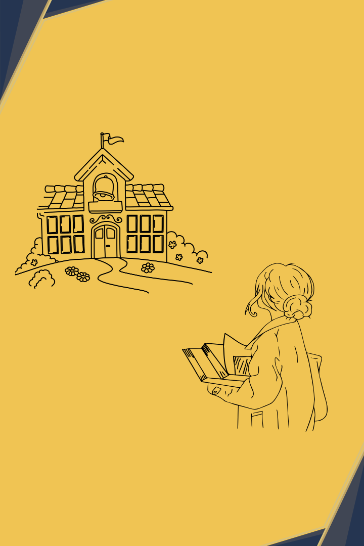 A person with curly hair reading a book outside, with a school building in the background.