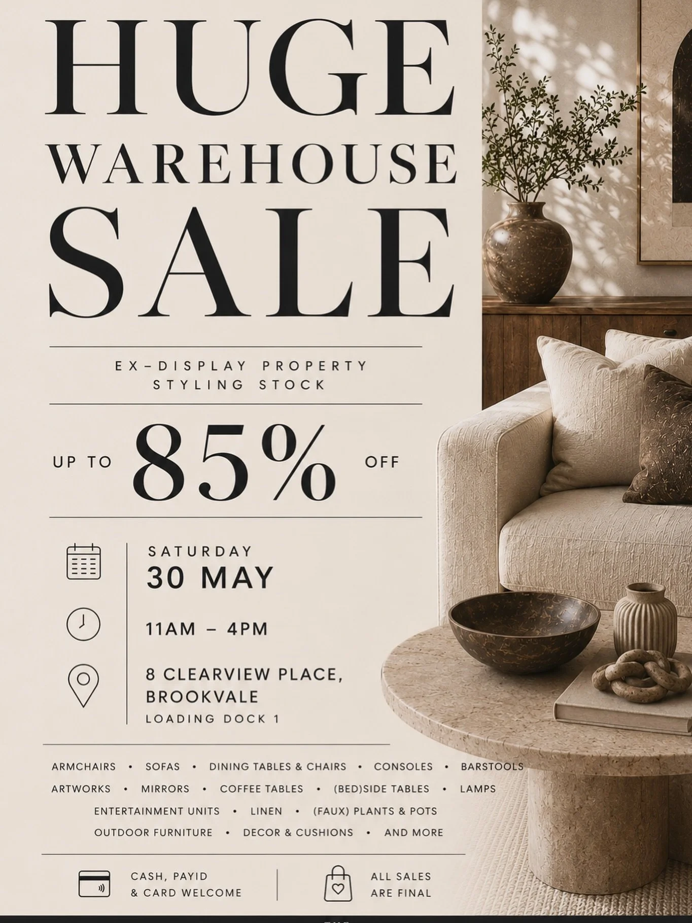 HUGE WAREHOUSE SALE &mdash; THE DUTCH STYLIST

We&rsquo;re clearing out a large selection of furniture, styling pieces &amp; homewares from our warehouse.

Shop:
&bull; Sofas
&bull; Armchairs
&bull; Dining tables &amp; chairs
&bull; Coffee &amp; side