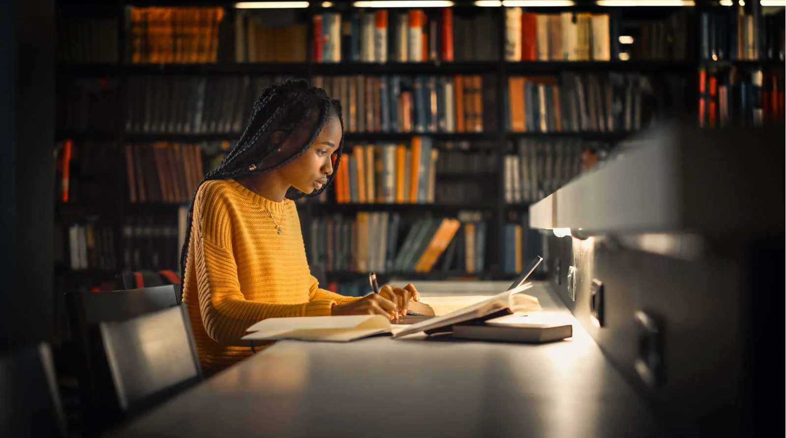 Student dealing with test anxiety symptoms in a library.