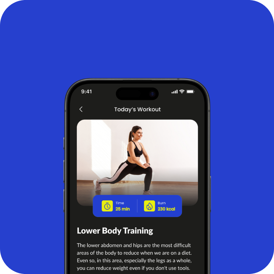 A smartphone screen displaying a CoachAI app on a blue background. The app shows a woman in workout clothes performing lower body exercises, with details about today's workout including 25 minutes duration and 230 kcal burned.