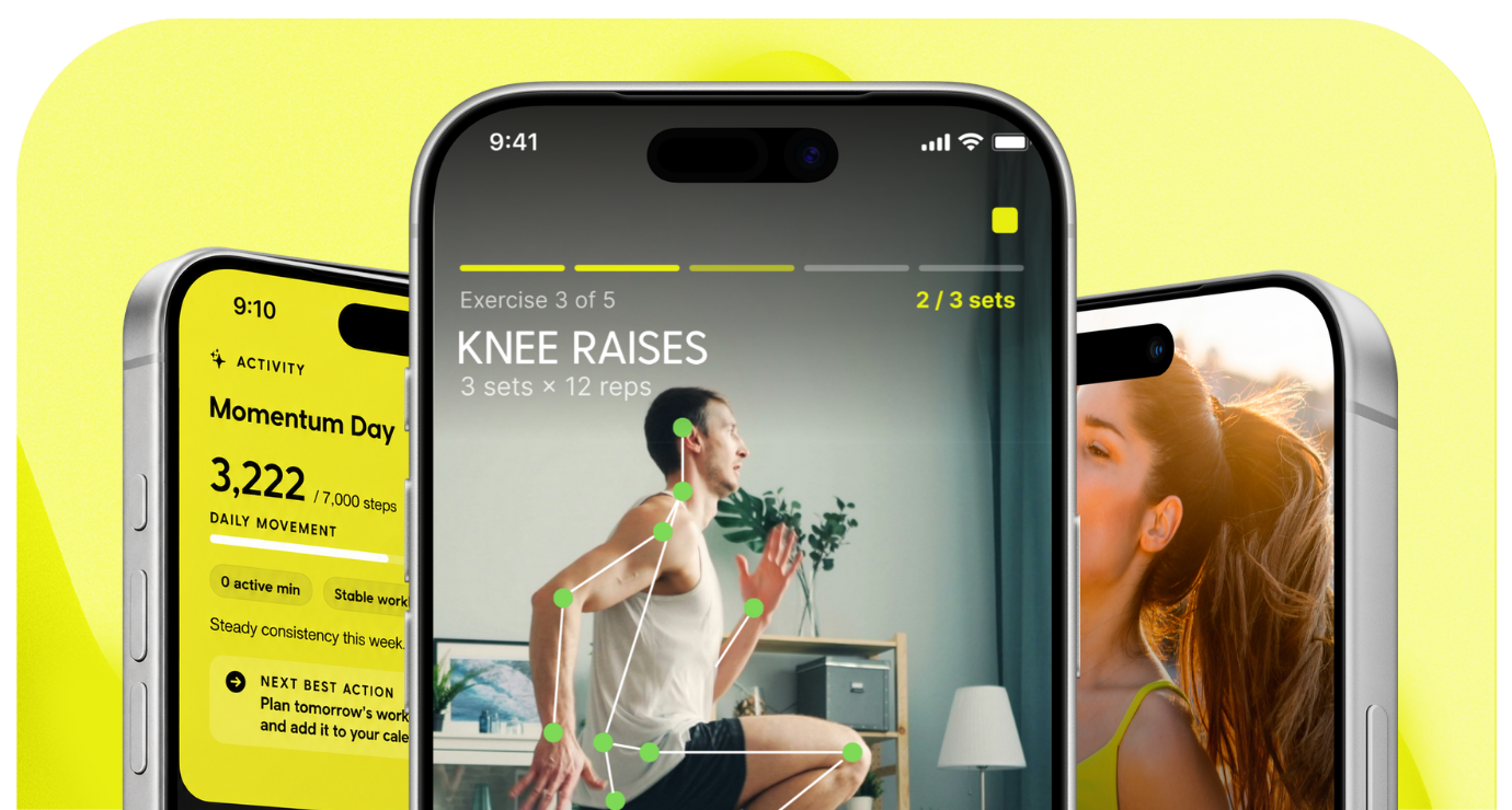 Three smartphones displaying fitness and activity tracking apps with yellow, gray, and bright backgrounds.