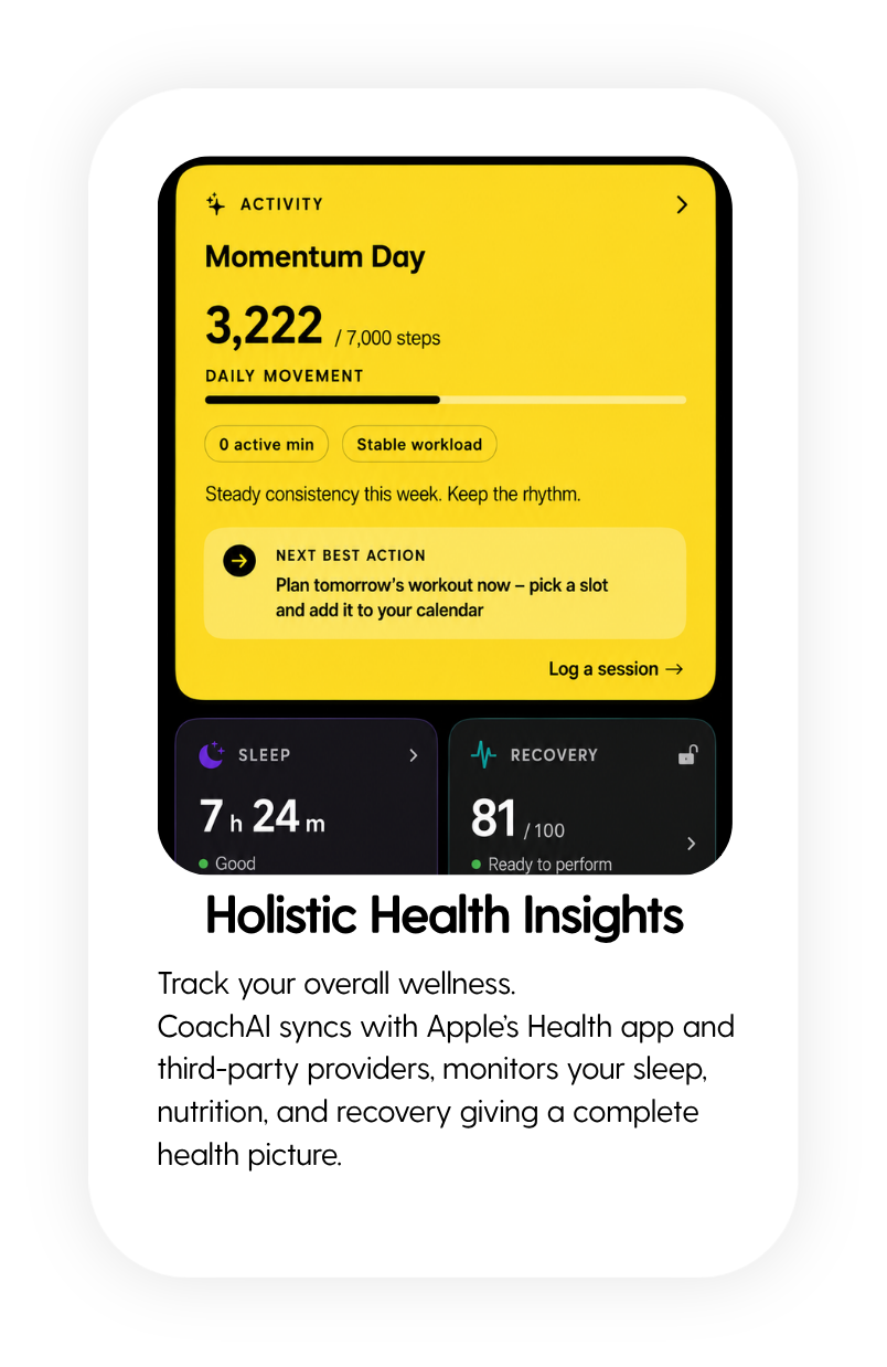 Smartphone screen displaying a CoachAI app with activity, sleep, and recovery data, and the text "Holistic Health Insights" at the bottom.