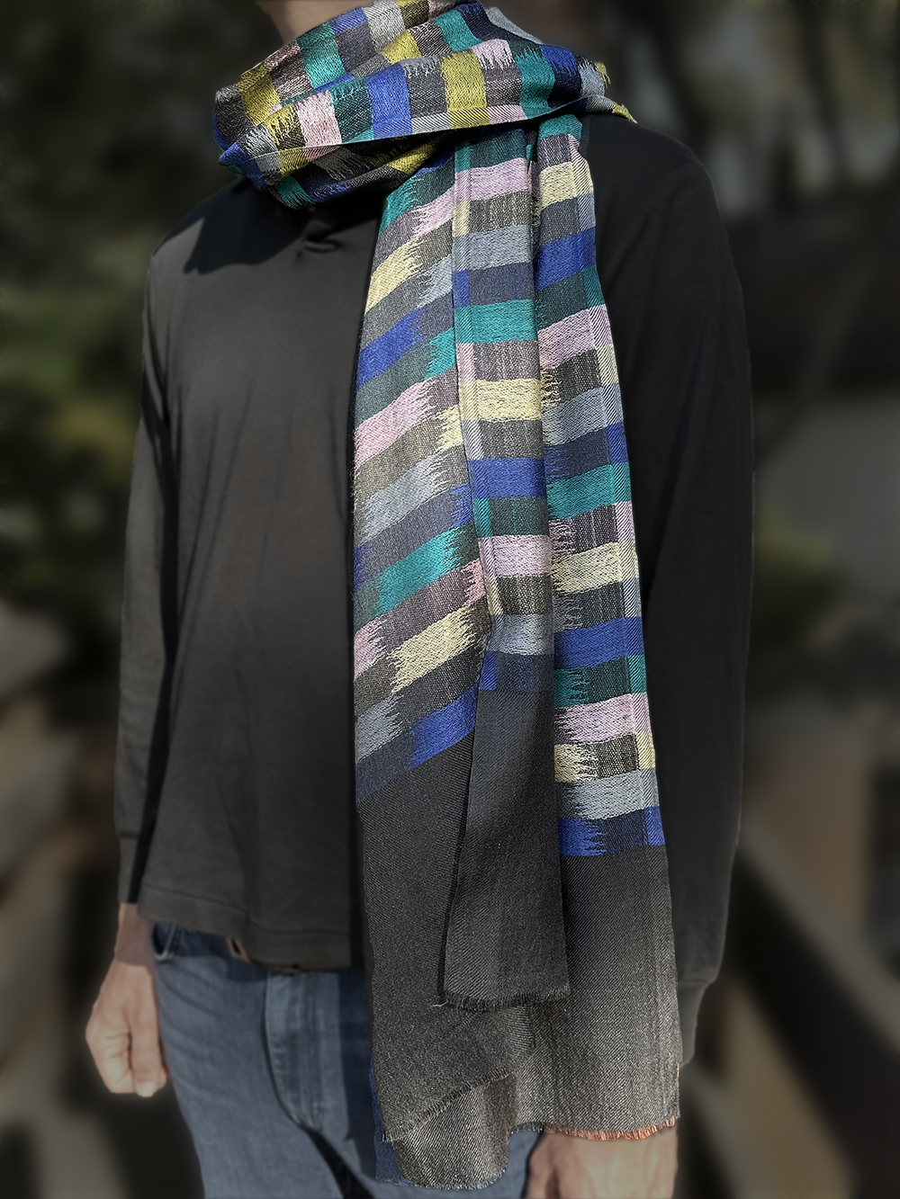 Charcoal with Multi-Colored Pattern Super-Fine Kashmiri Wool Blend Scarf (10 pcs)
