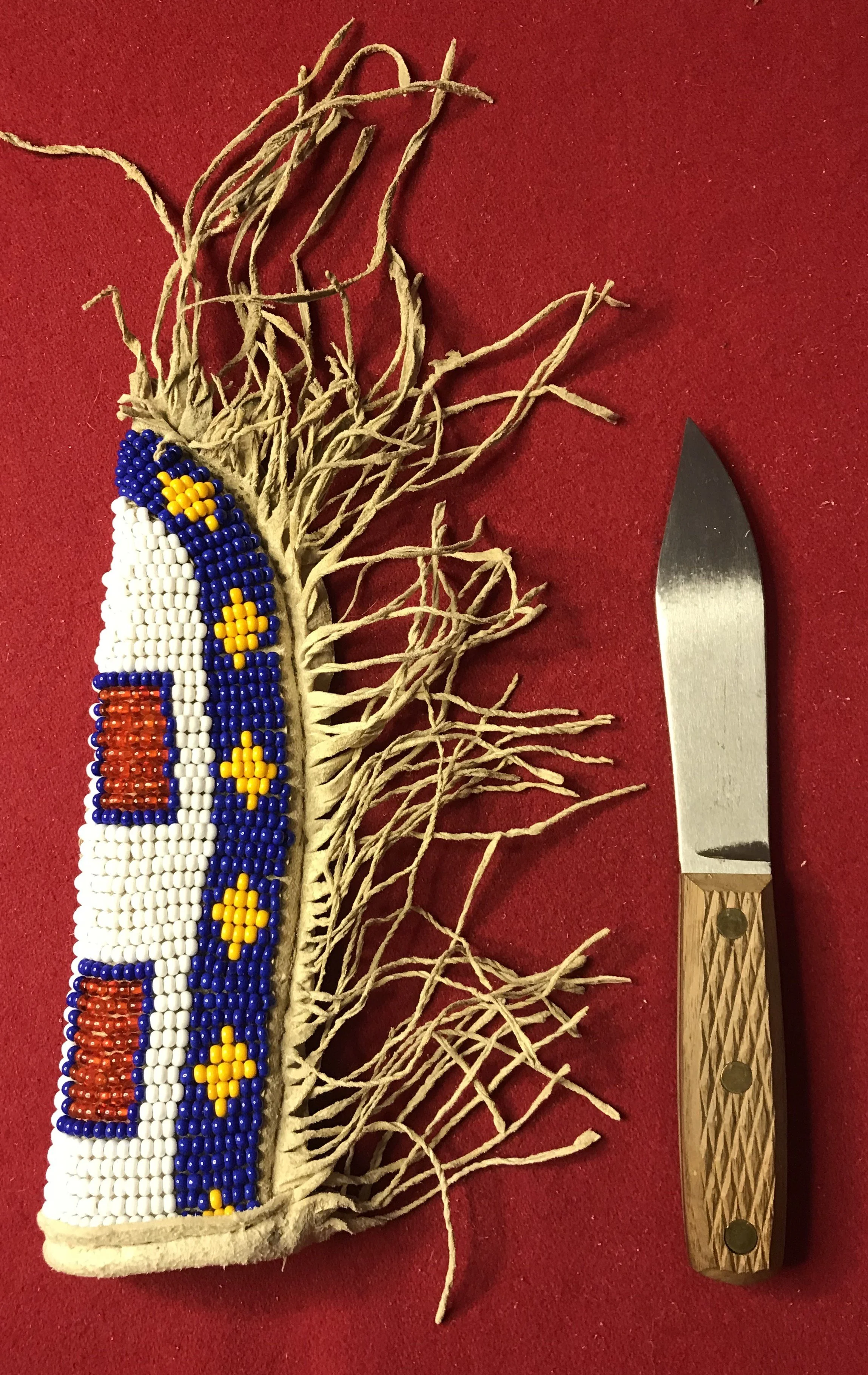 Beaded Brain Tanned Buckskin Sheath by Jack Oar and Green River Knife